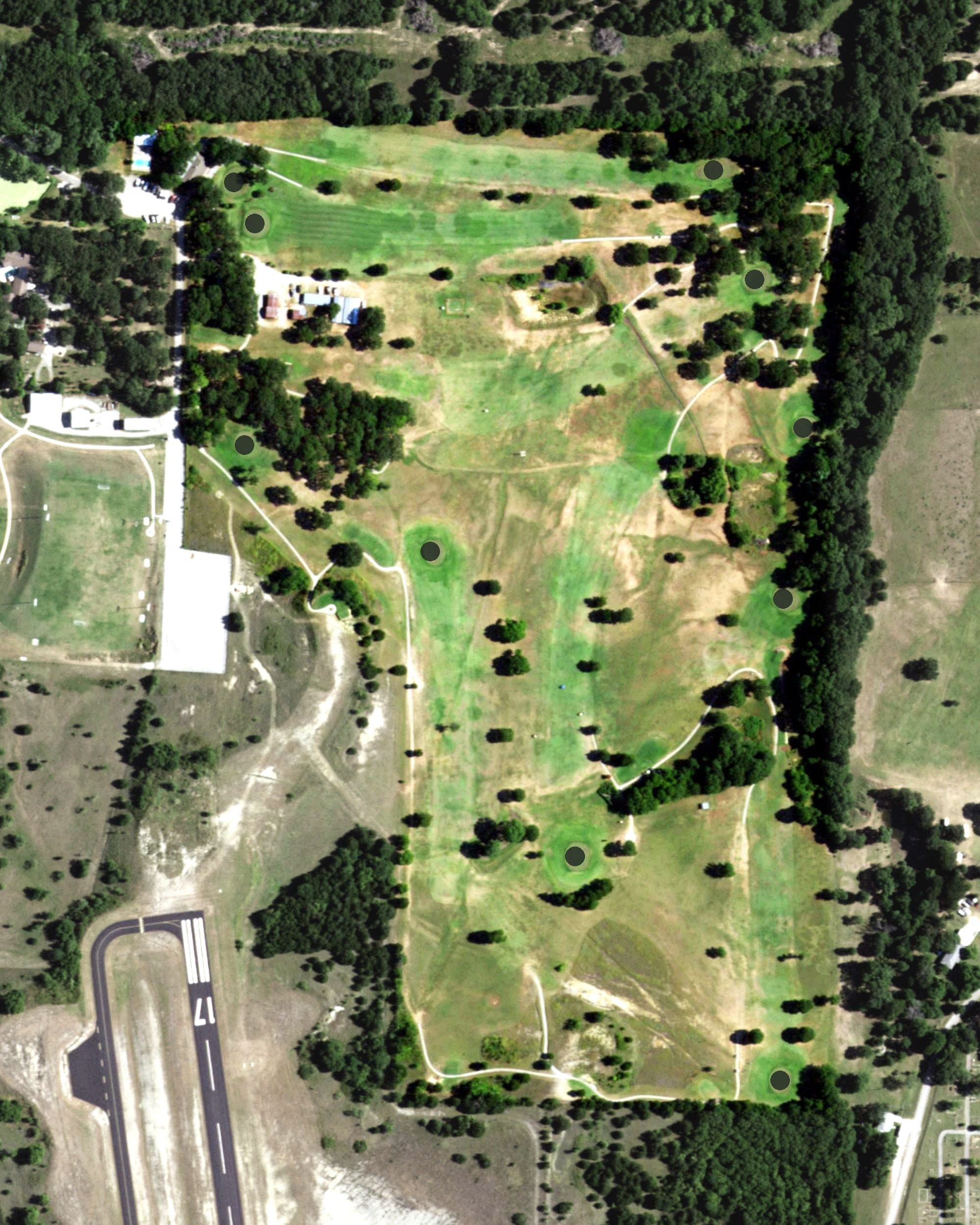 Aerial view of Decatur Golf Club, TX, with its hole routing marked