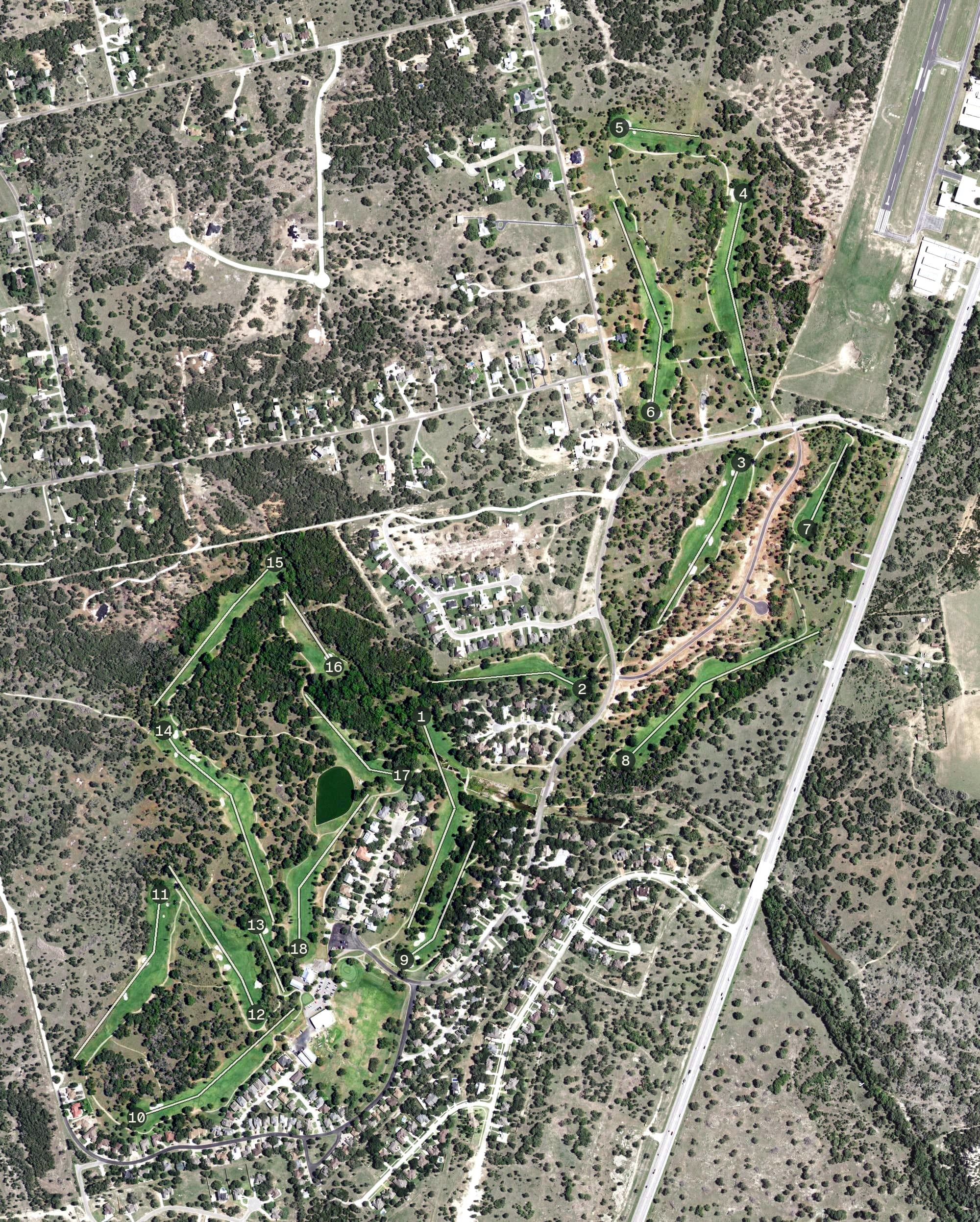 Aerial view of Delaware Springs Golf Course, TX, with its hole routing marked