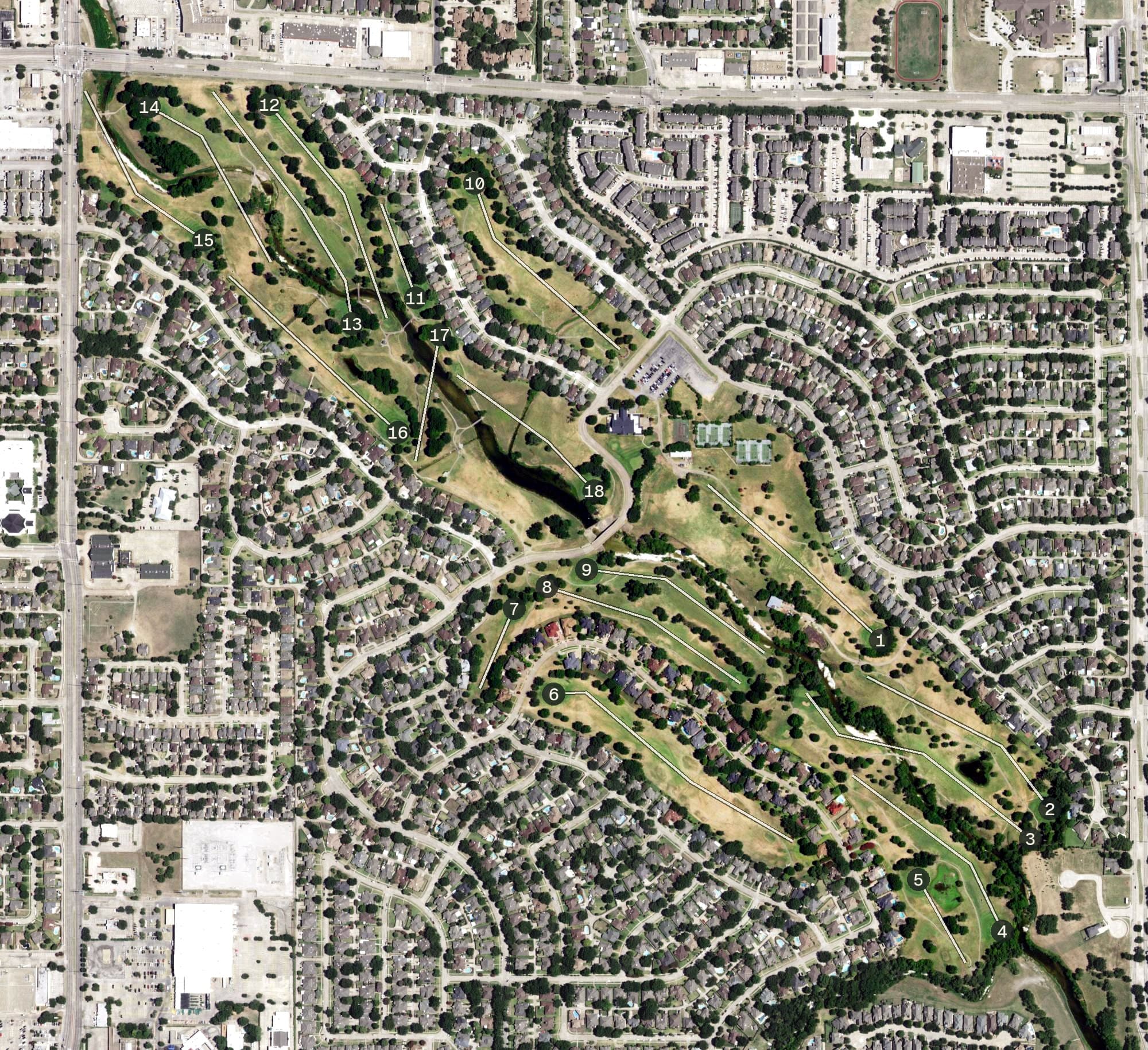 Aerial view of Duck Creek Golf Club, TX, with its hole routing marked