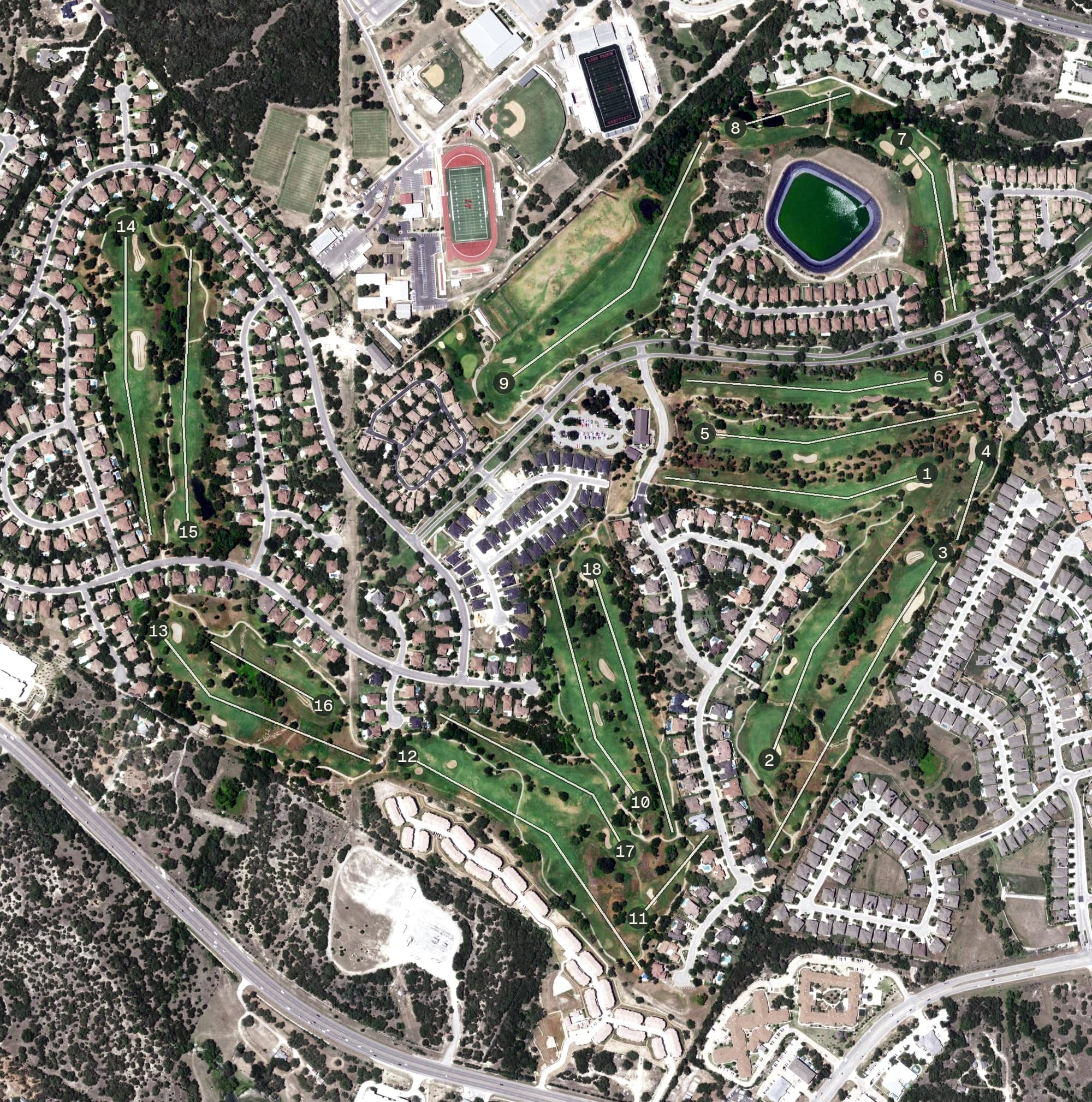 Aerial view of Falconhead Golf Course, TX, with its hole routing marked