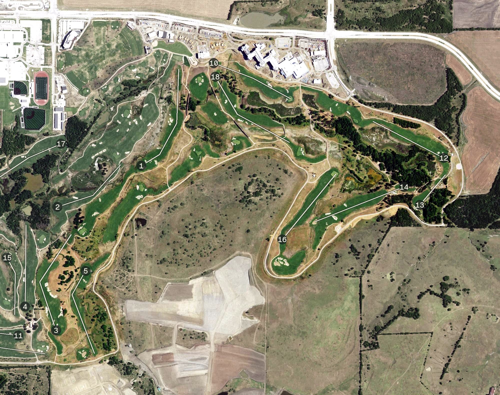Aerial view of Fields Ranch - East Course, TX, with its hole routing marked