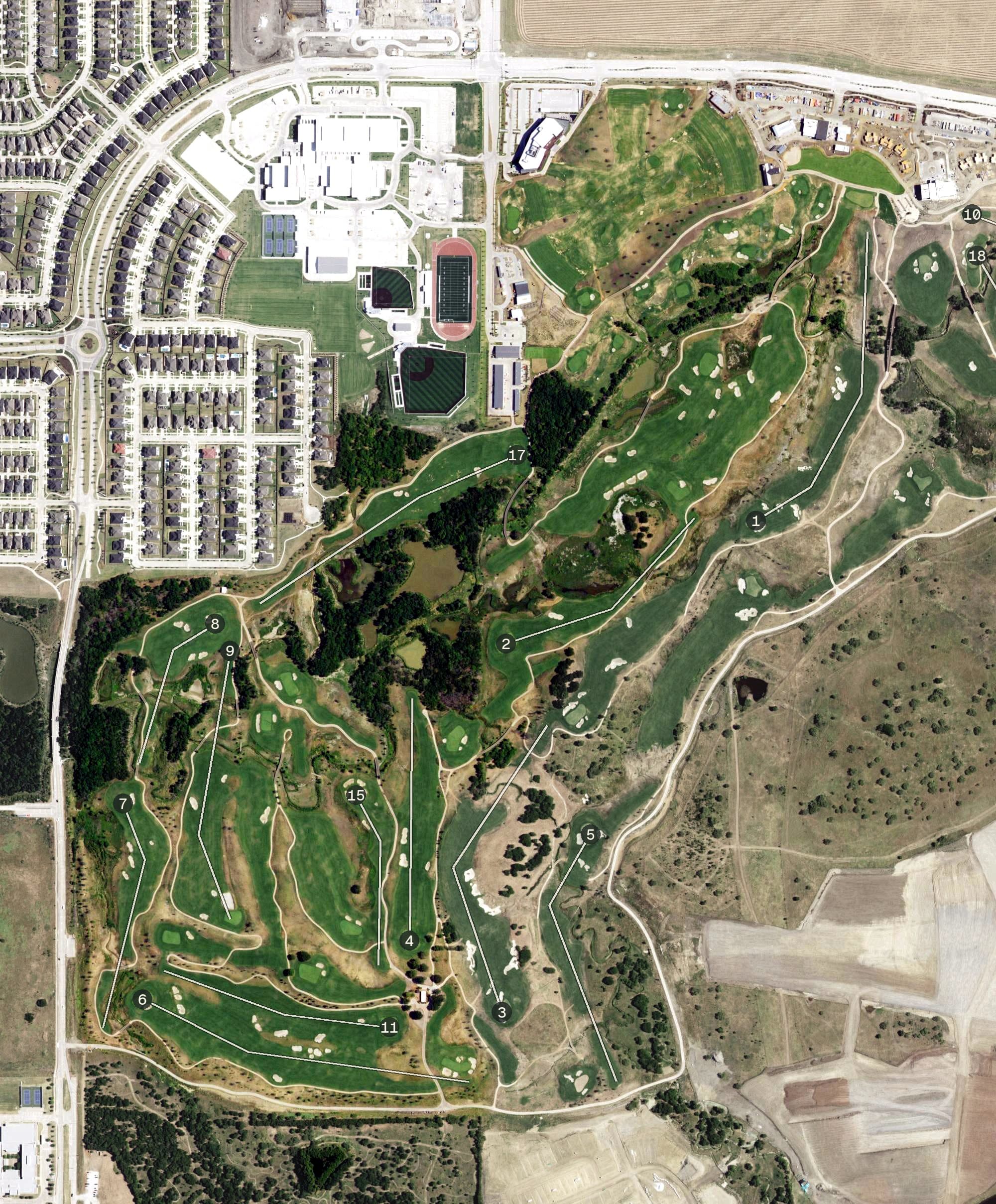 Aerial view of Fields Ranch - West Course, TX, with its hole routing marked
