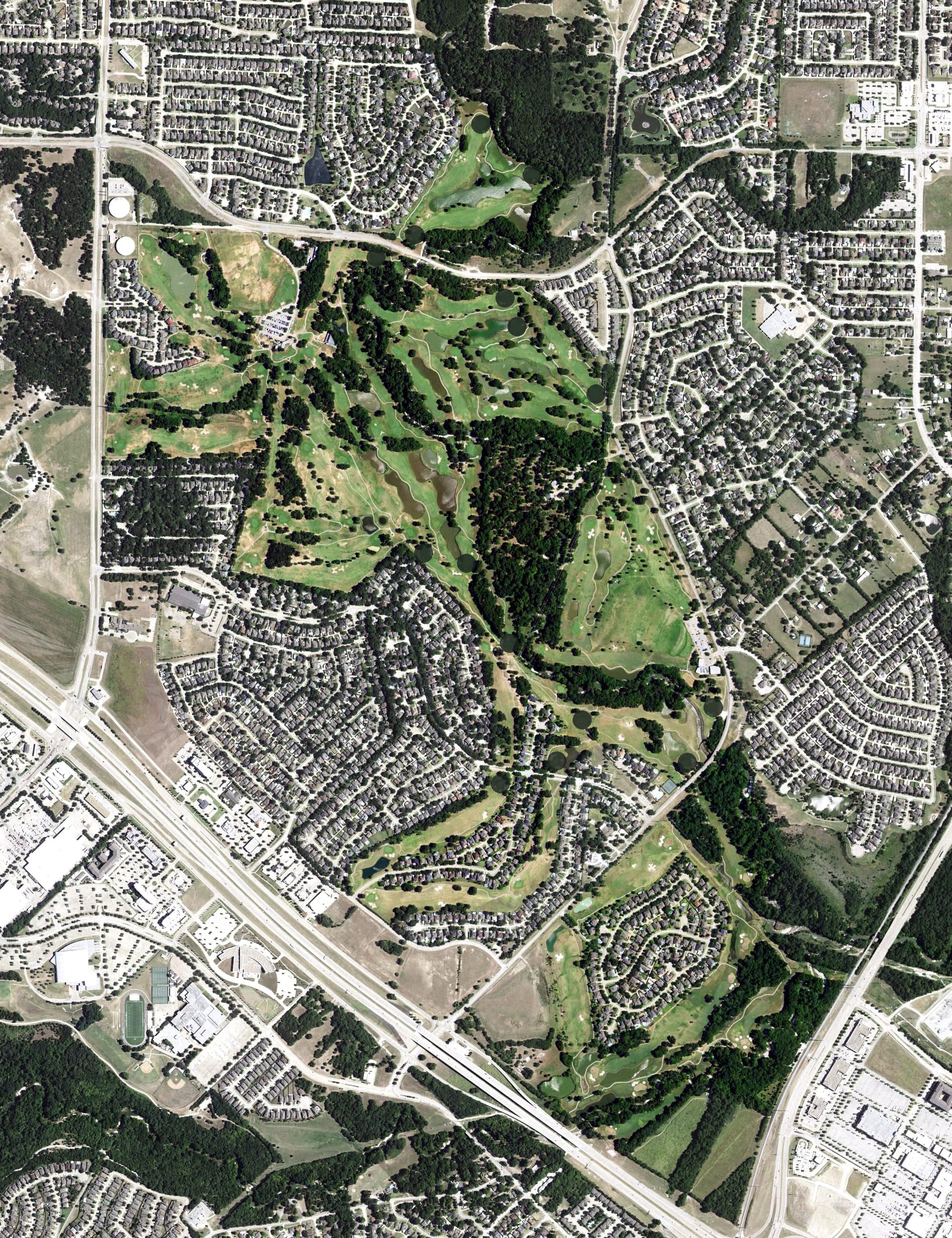 Aerial view of Firewheel Golf Park, TX, with its hole routing marked