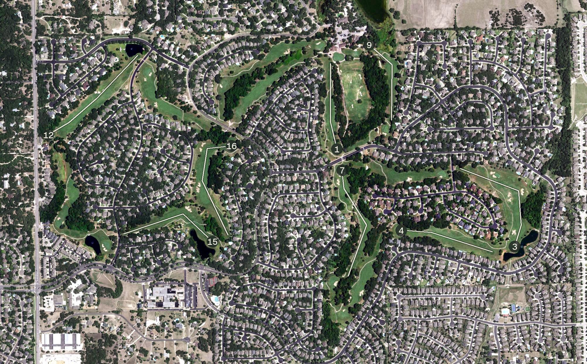 Aerial view of Forest Creek Golf Club, TX, with its hole routing marked