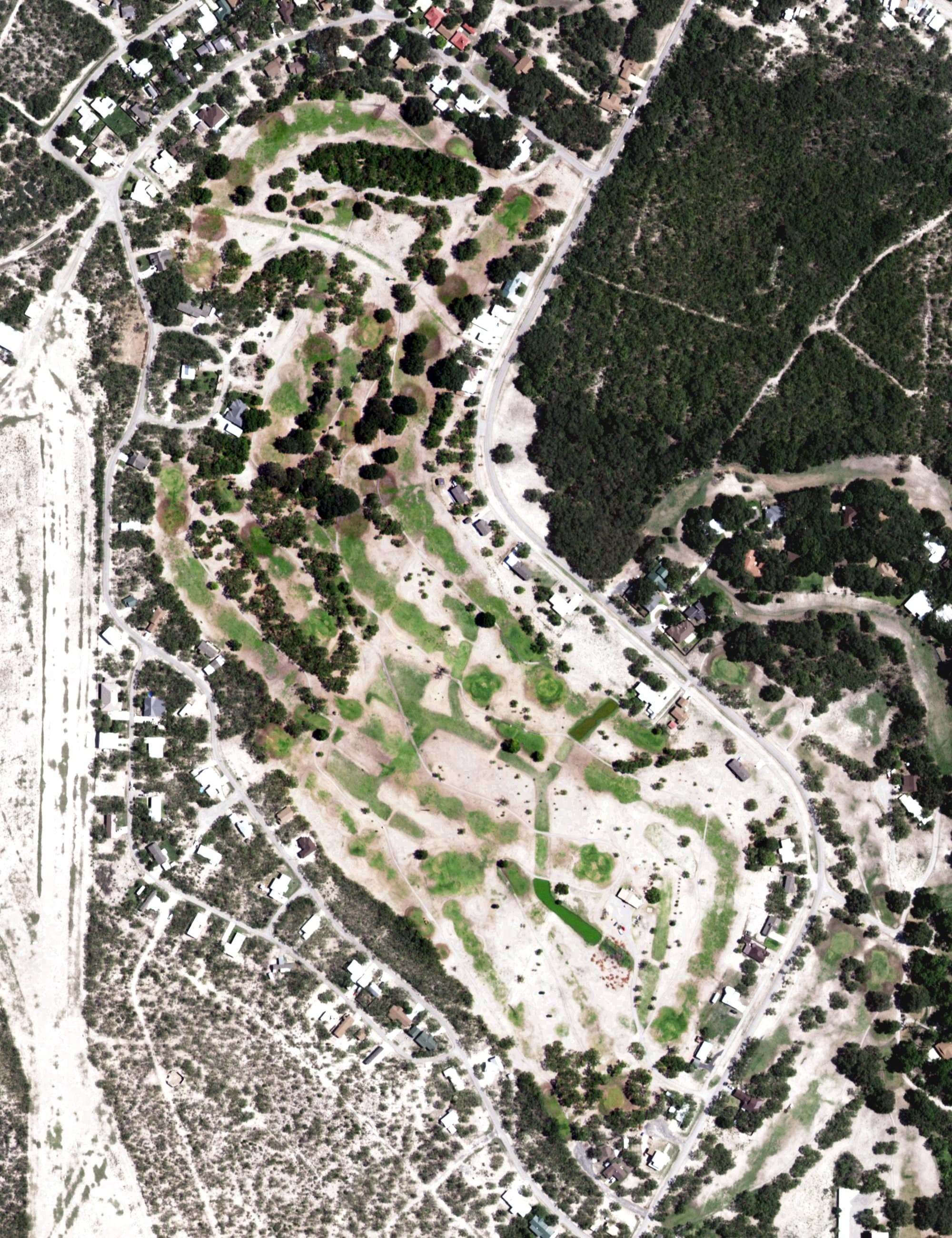 Aerial view of Fort Clark Springs Golf Course, TX, with its hole routing marked