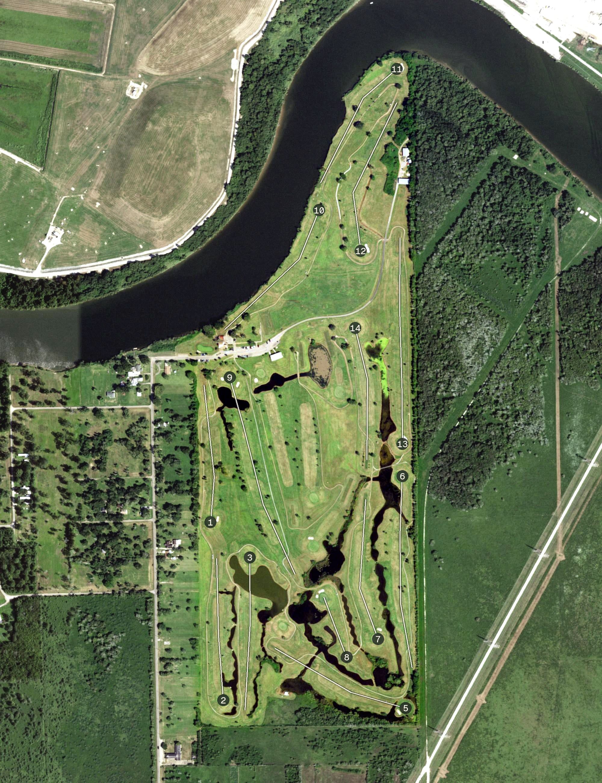 Aerial view of Freeport Municipal Golf Course, TX, with its hole routing marked