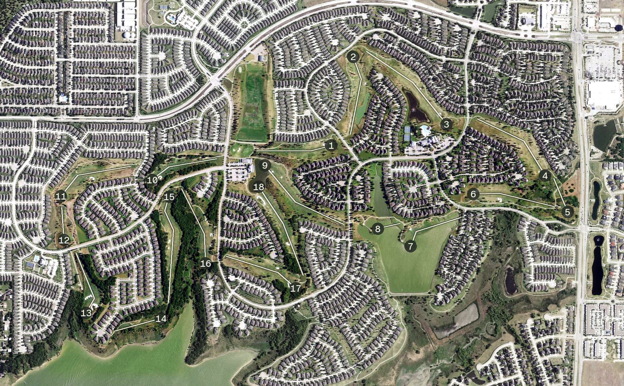 Aerial view of Frisco Lakes Golf Course, TX, with its hole routing marked