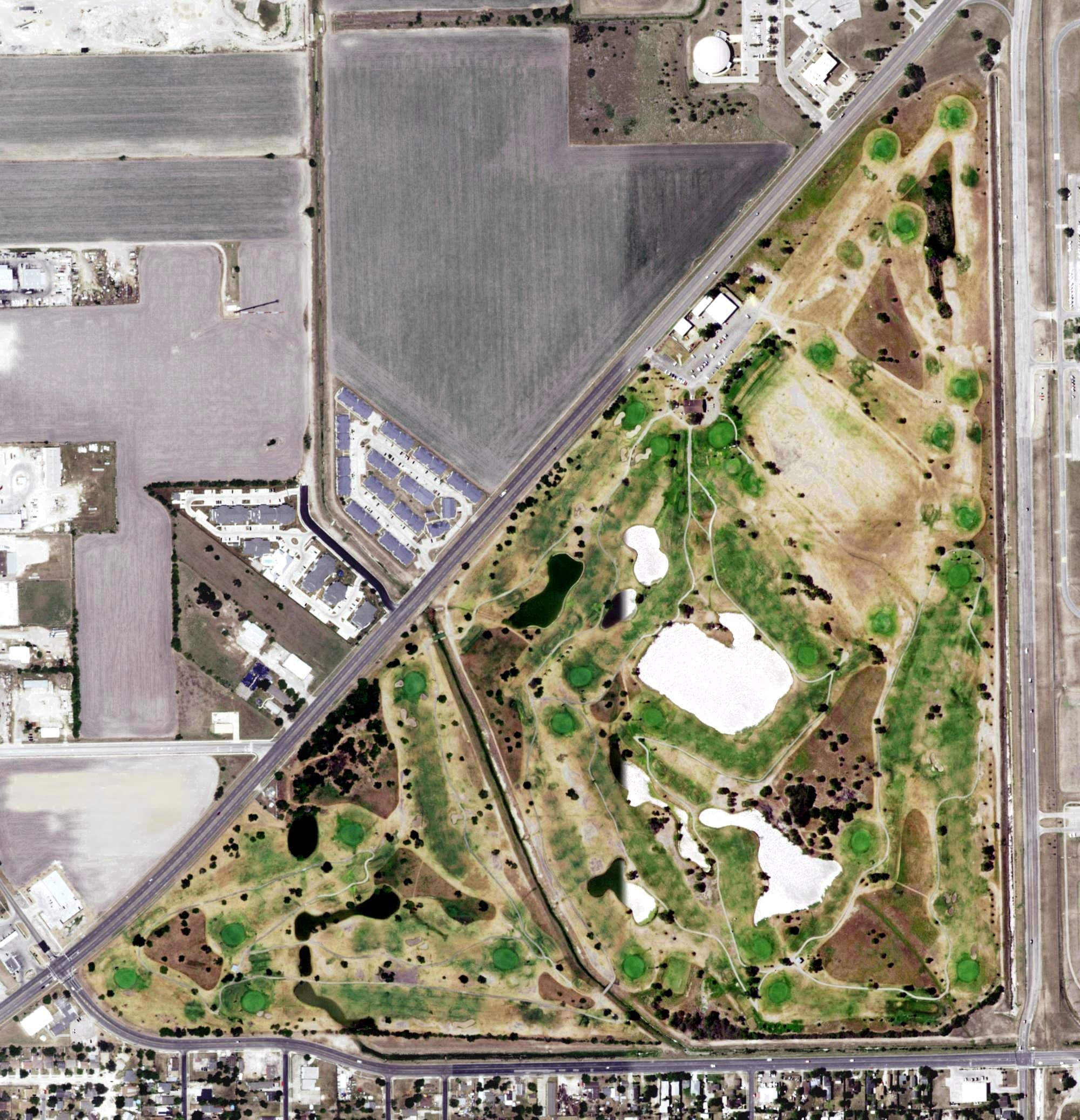 Aerial view of Gabe Lozano Golf Course, TX, with its hole routing marked