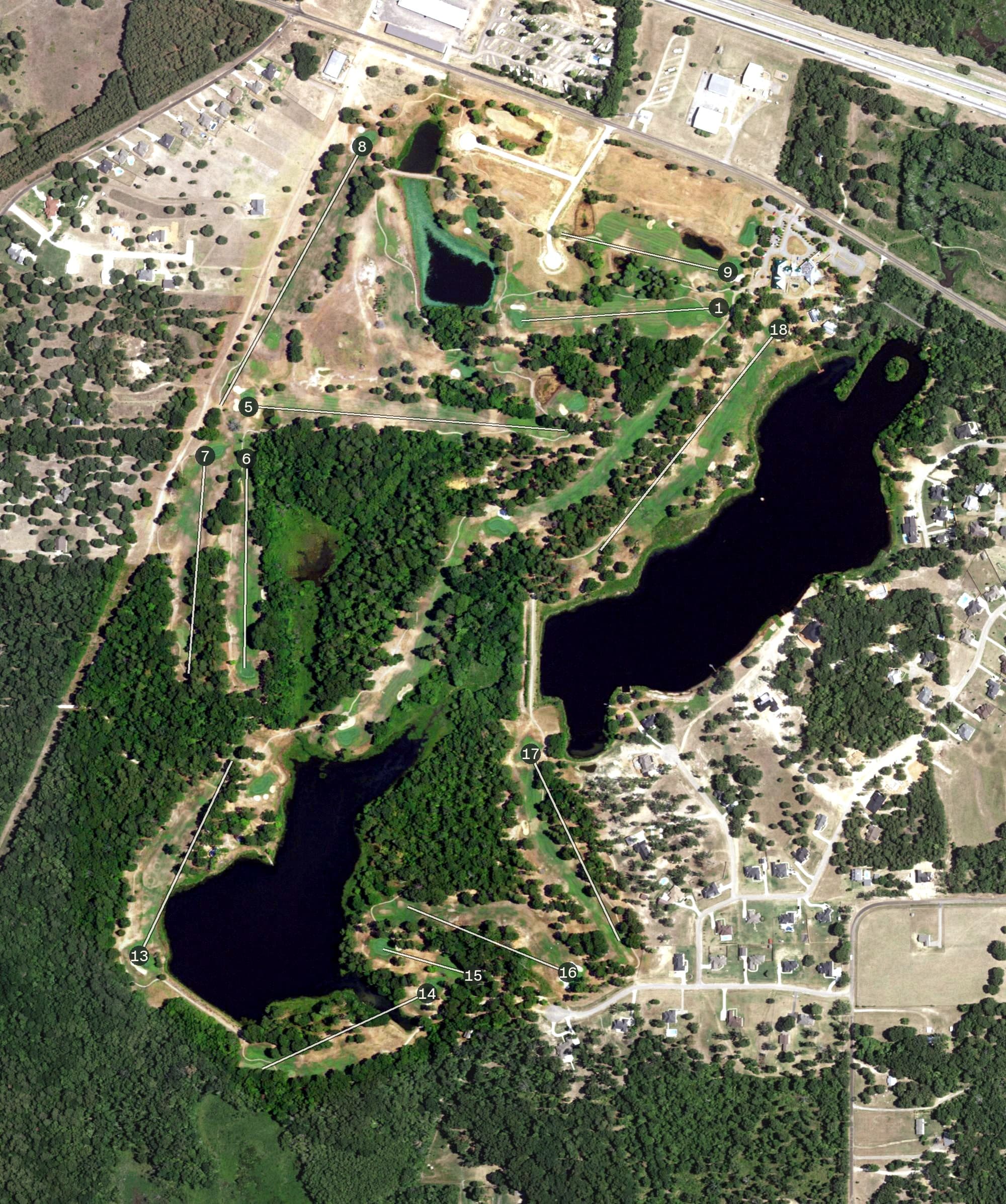 Aerial view of Garden Valley Golf Club, TX, with its hole routing marked