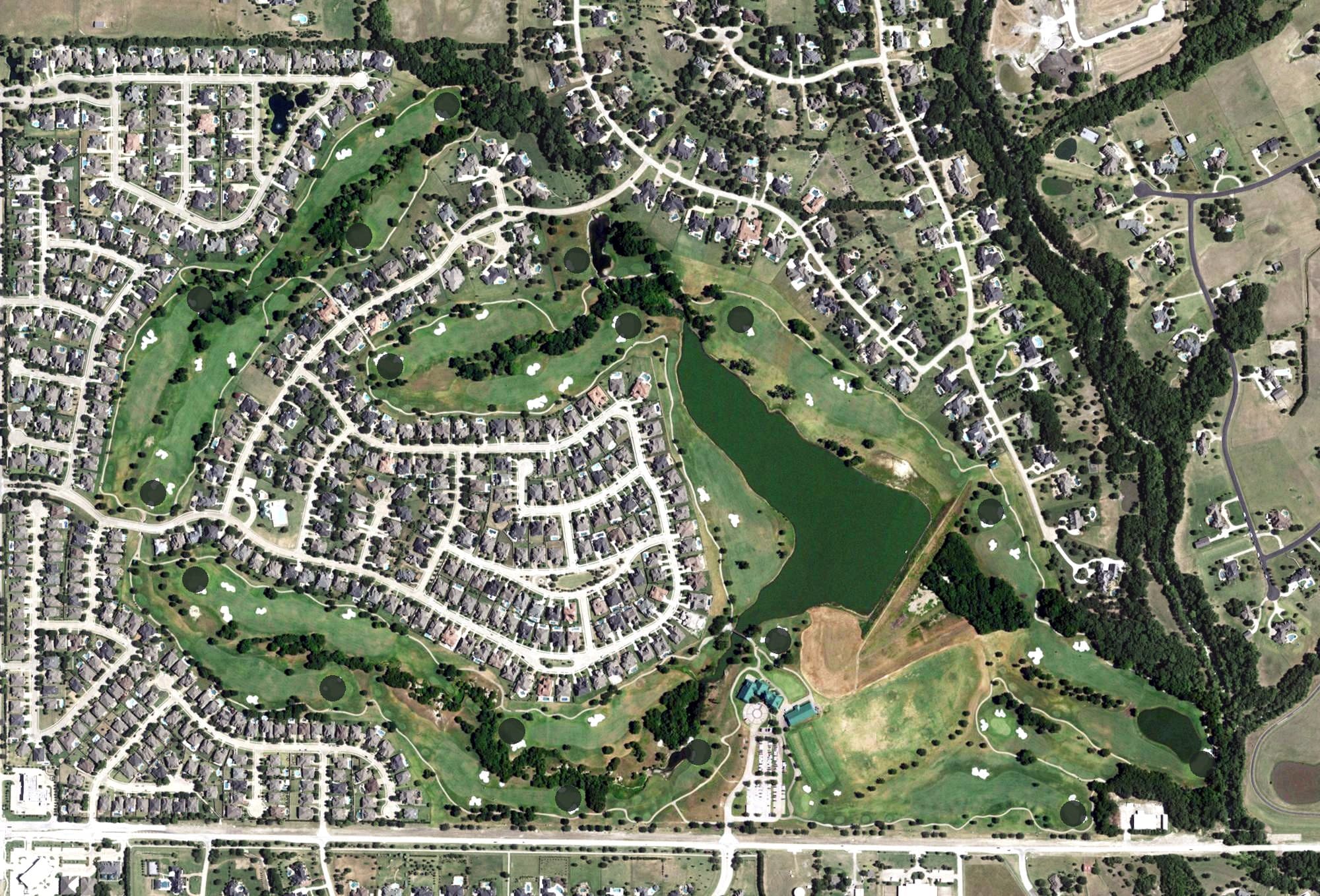 Aerial view of Gentle Creek Country Club, TX, with its hole routing marked