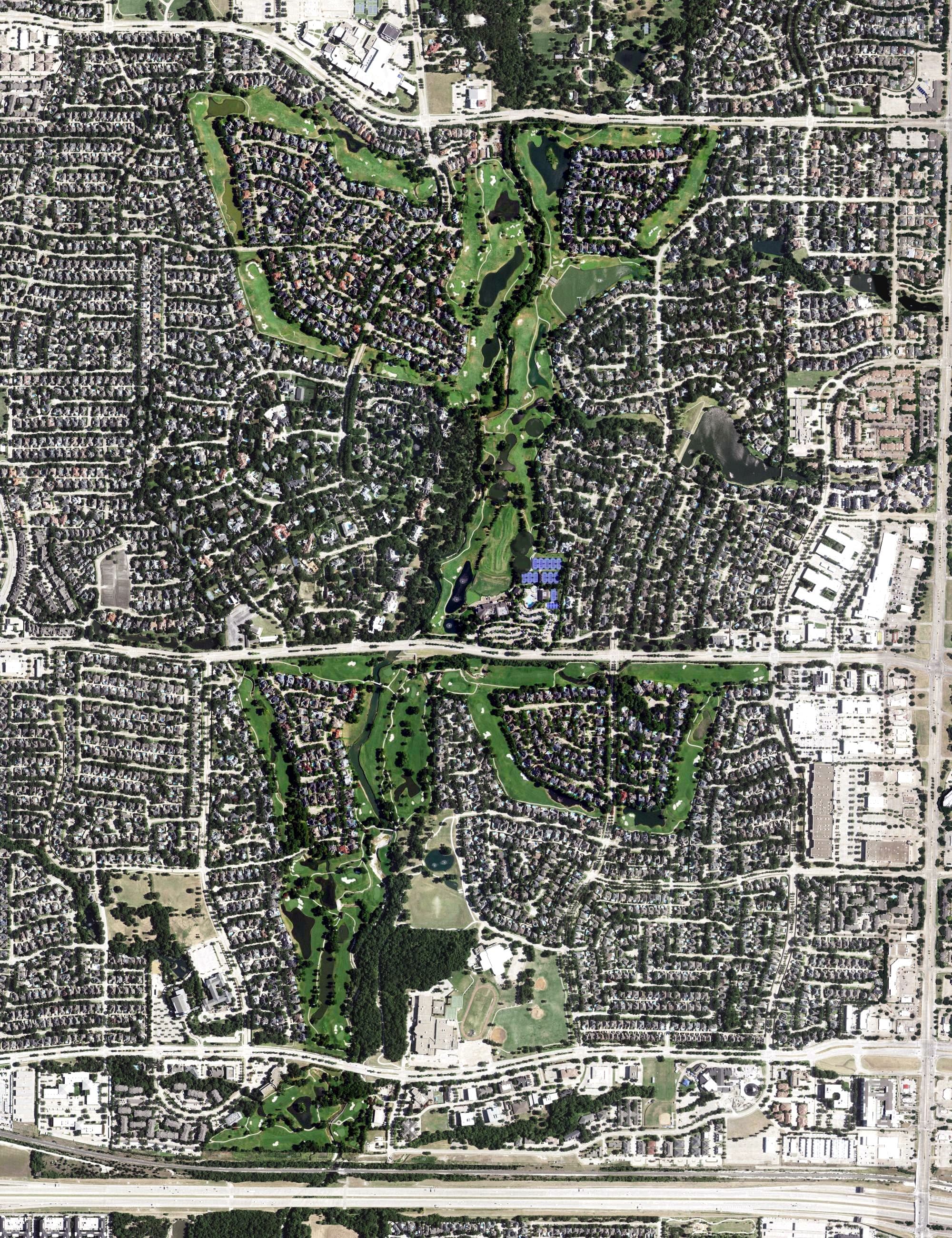 Aerial view of Gleneagles Country Club, TX, with its hole routing marked
