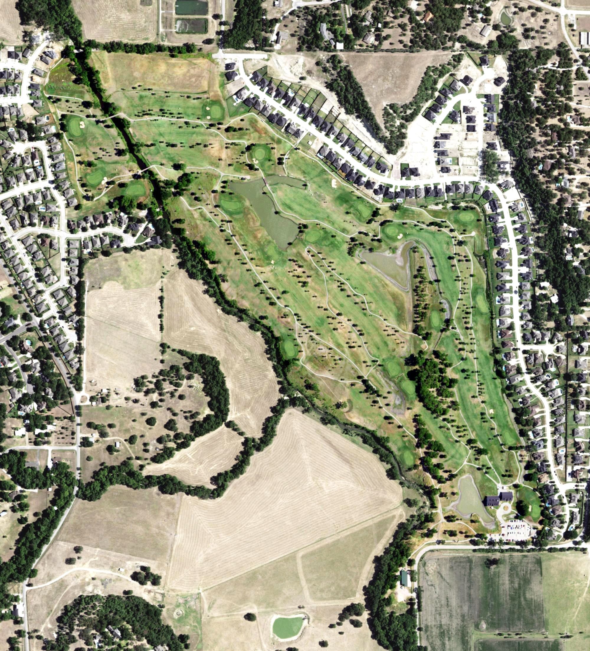 Aerial view of Golf Club at Crown Valley, TX, with its hole routing marked
