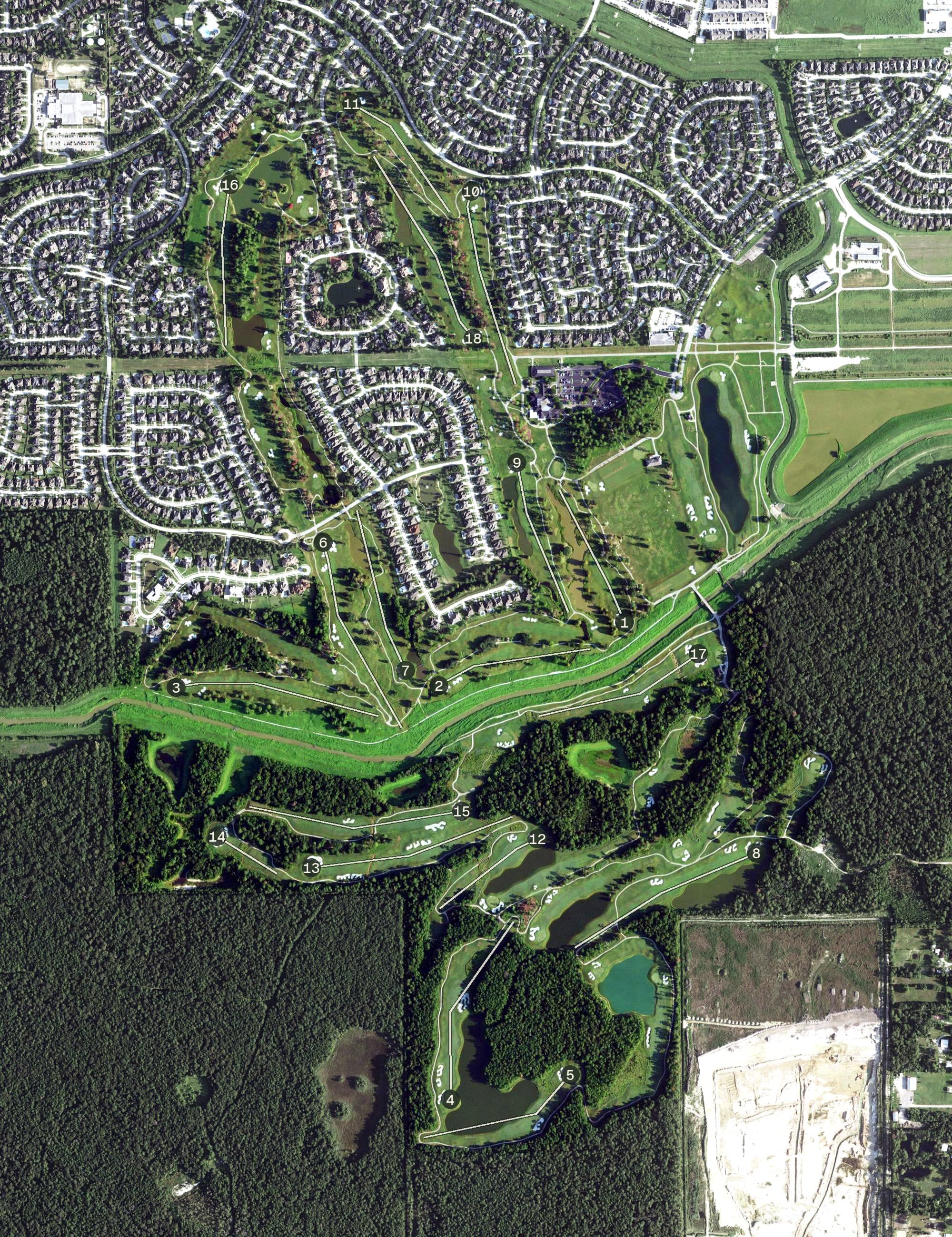 Aerial view of Golf Club of Houston, TX, with its hole routing marked