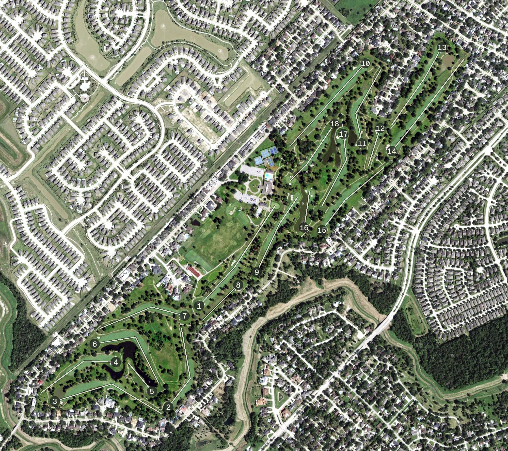 Aerial view of Golfcrest Country Club, TX, with its hole routing marked