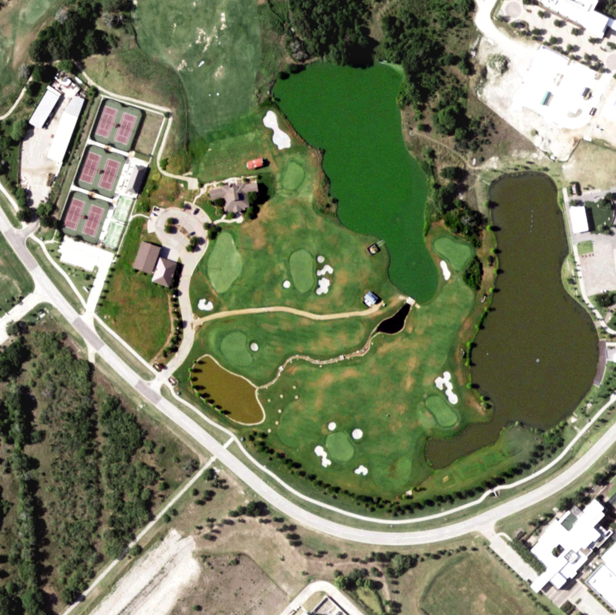 Aerial view of Goodman Aggie Golf Complex, TX, with its hole routing marked