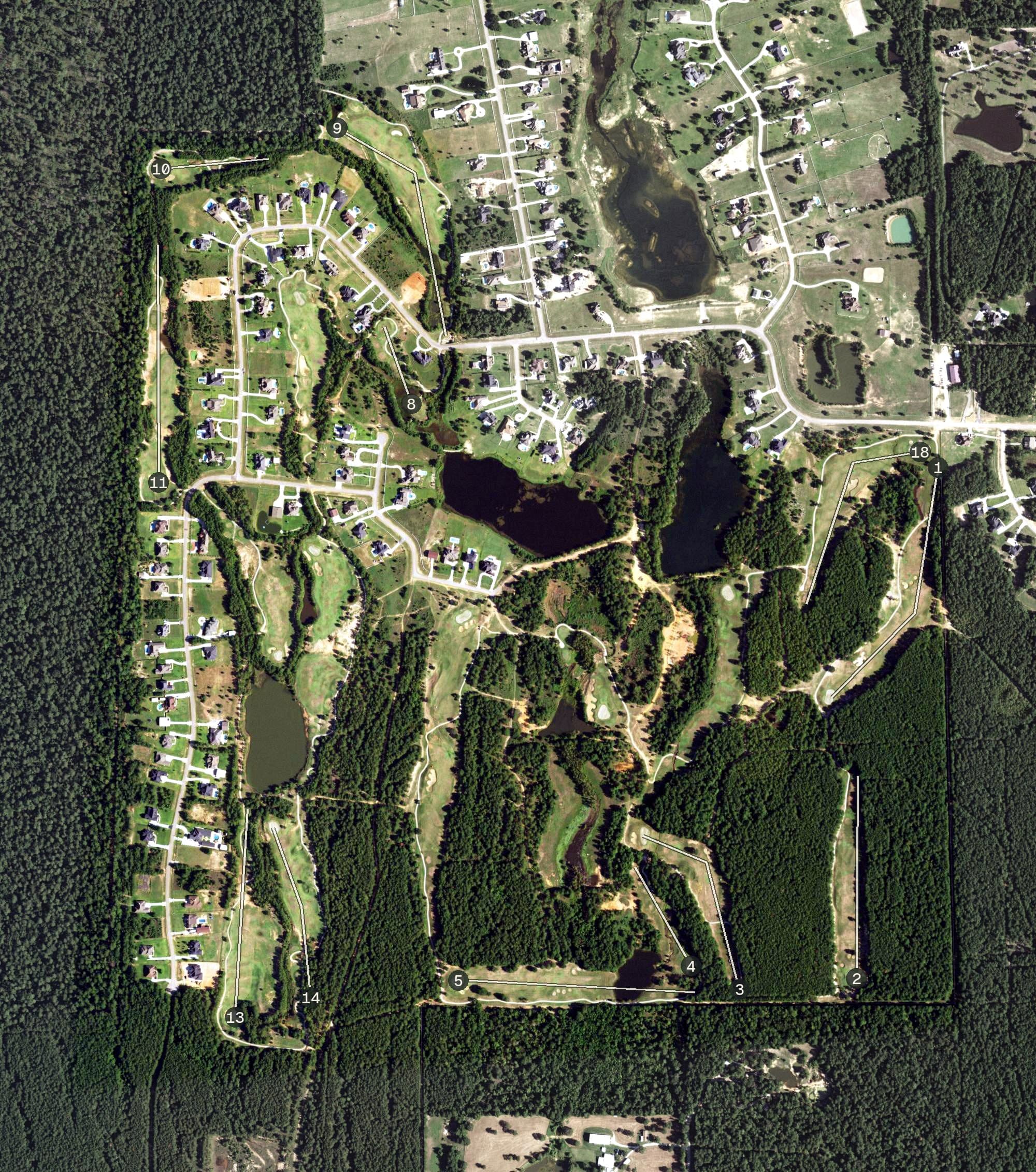 Aerial view of Grand Lake Estates, TX, with its hole routing marked
