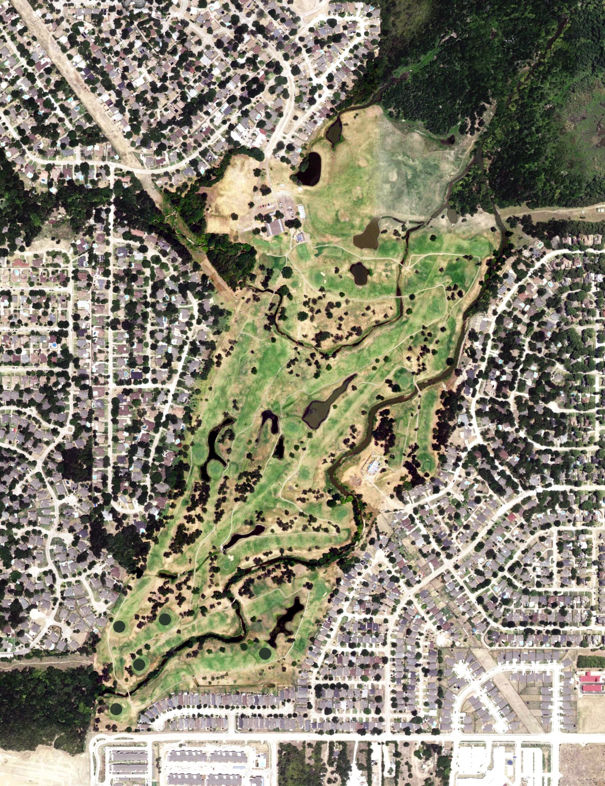 Aerial view of Grand Oaks Golf Course, TX, with its hole routing marked