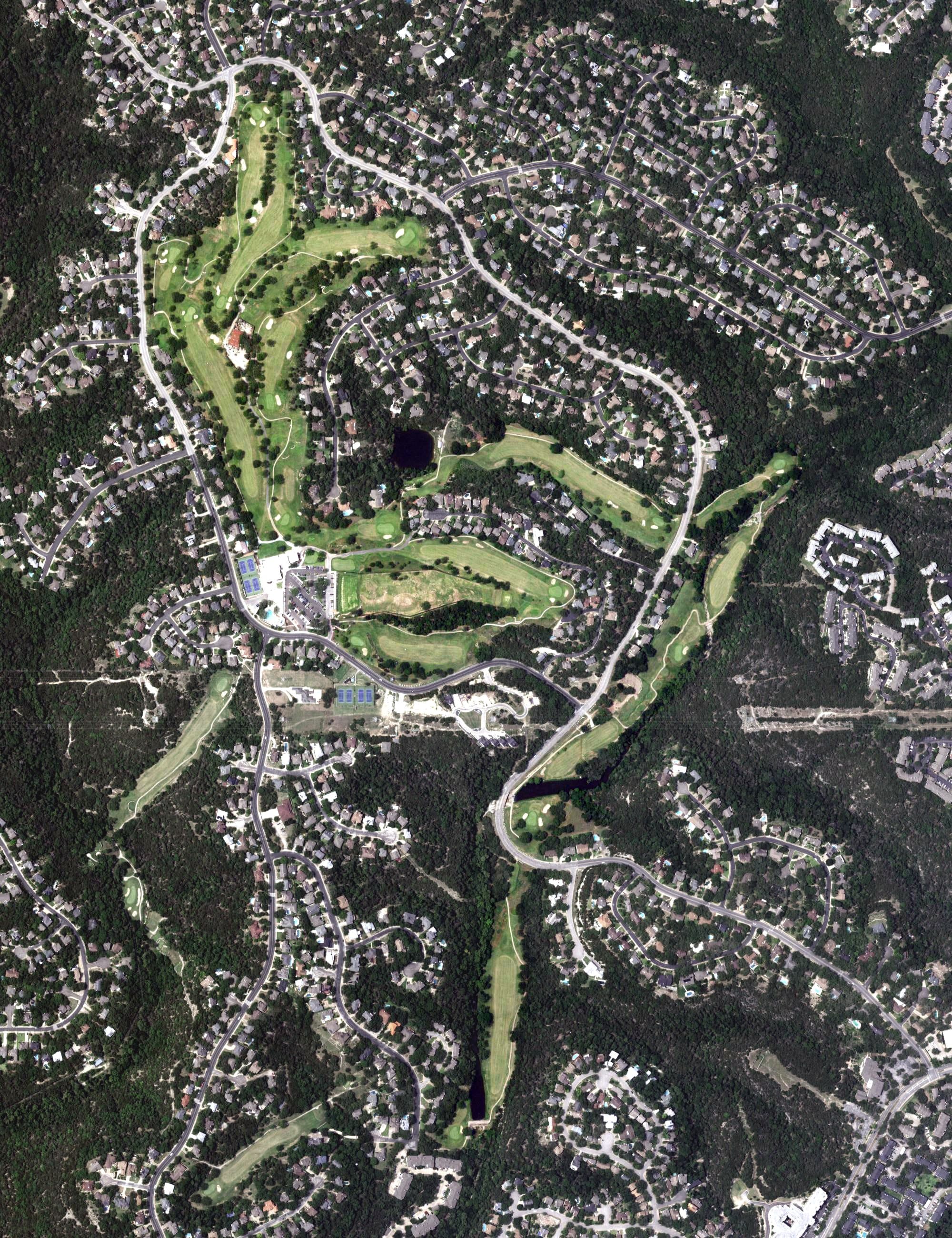 Aerial view of Great Hills Golf Club, TX, with its hole routing marked
