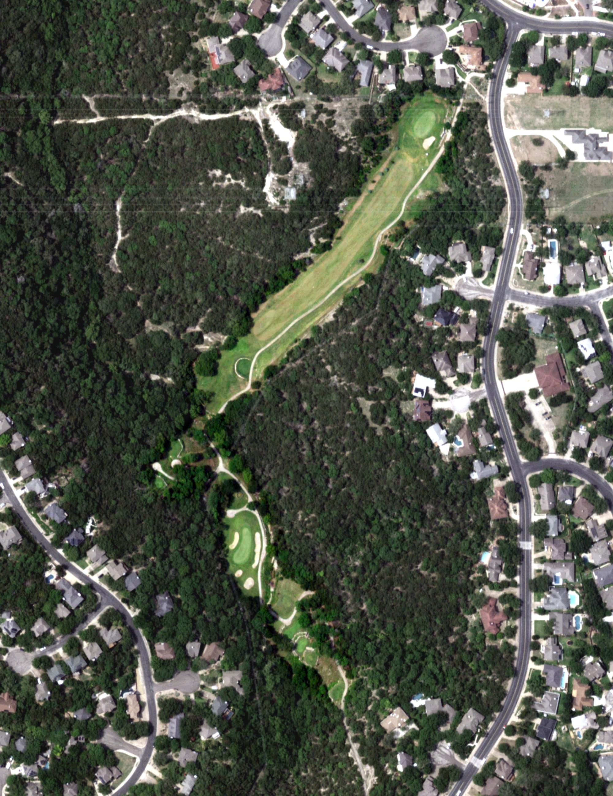 Aerial view of Great Hills Golf Club, TX, with its hole routing marked