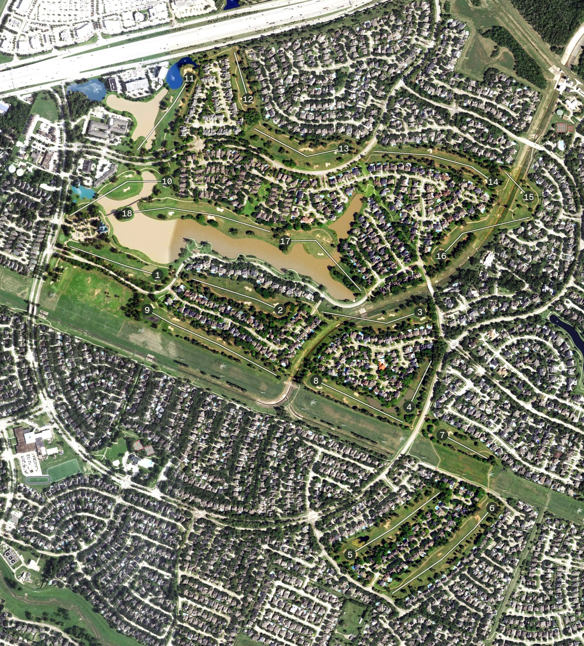 Aerial view of Greatwood Golf Club, TX, with its hole routing marked