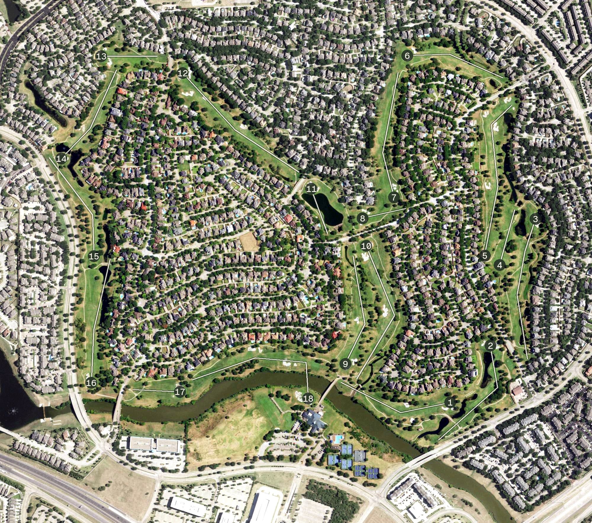 Aerial view of Hackberry Creek Country Club, TX, with its hole routing marked