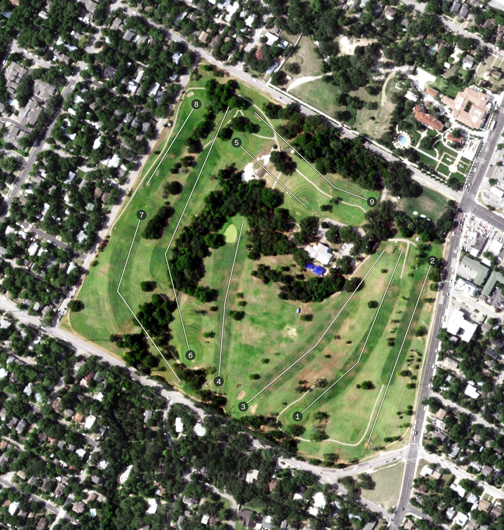 Aerial view of Hancock Golf Course, TX, with its hole routing marked