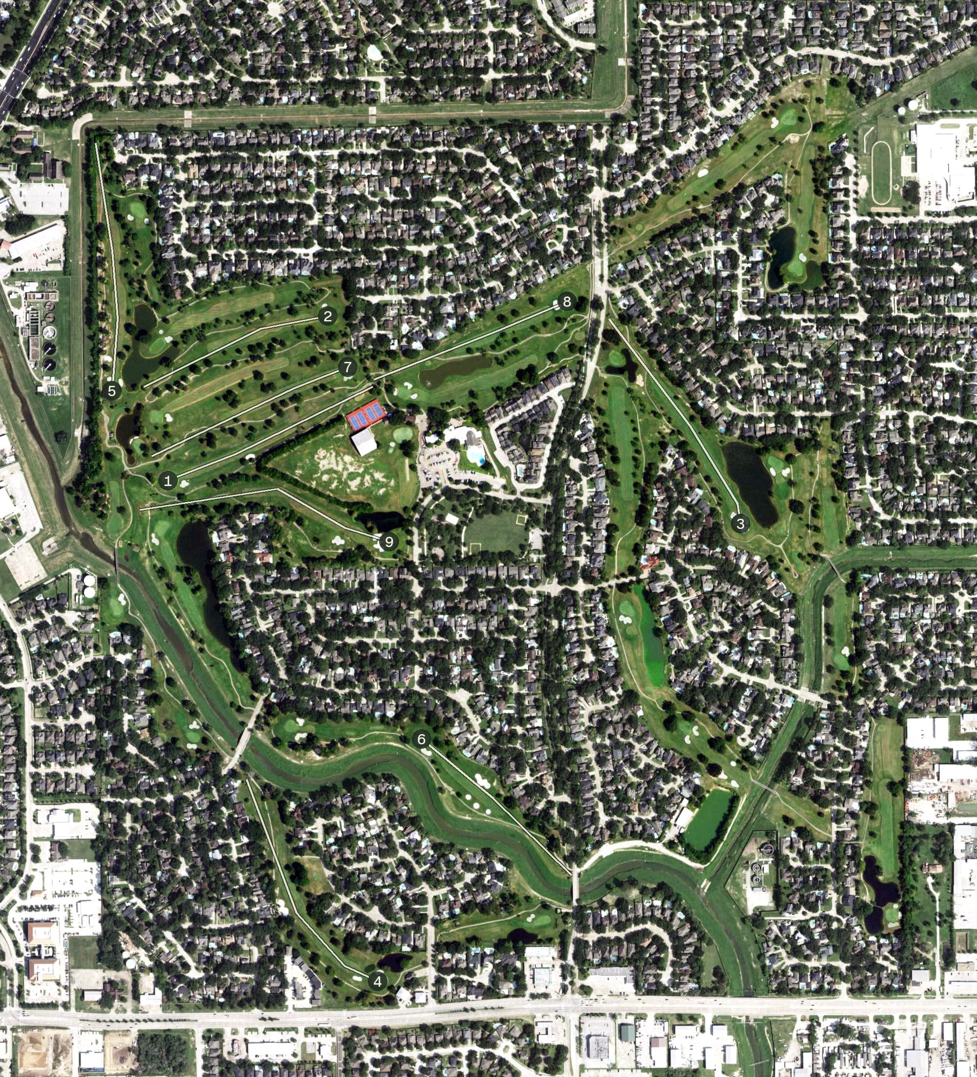 Aerial view of Hearthstone Country Club, TX, with its hole routing marked