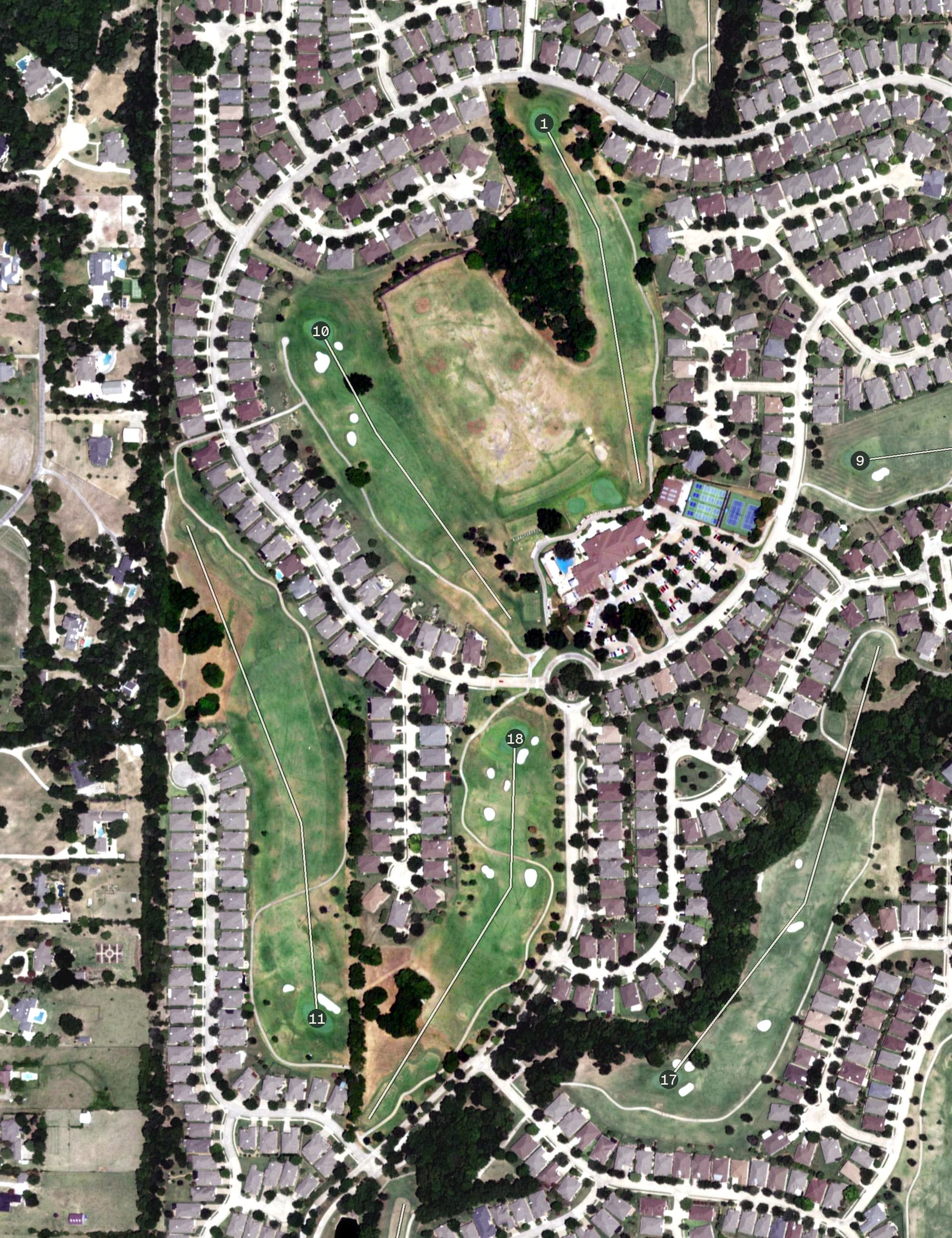 Aerial view of Heritage Ranch Golf & Country Club, TX, with its hole routing marked