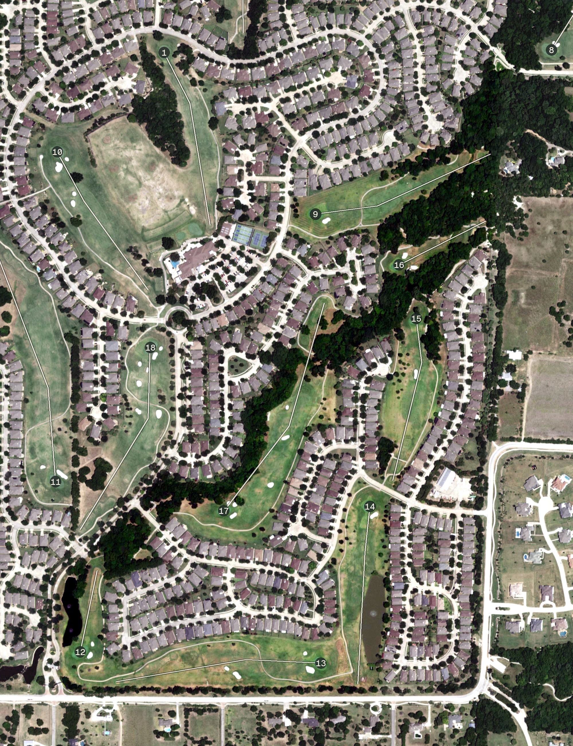 Aerial view of Heritage Ranch Golf & Country Club, TX, with its hole routing marked