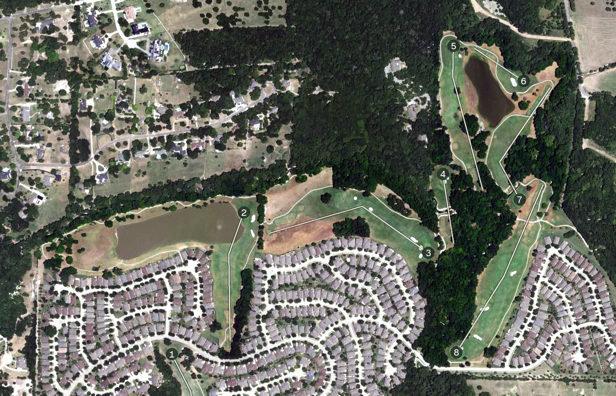 Aerial view of Heritage Ranch Golf & Country Club, TX, with its hole routing marked
