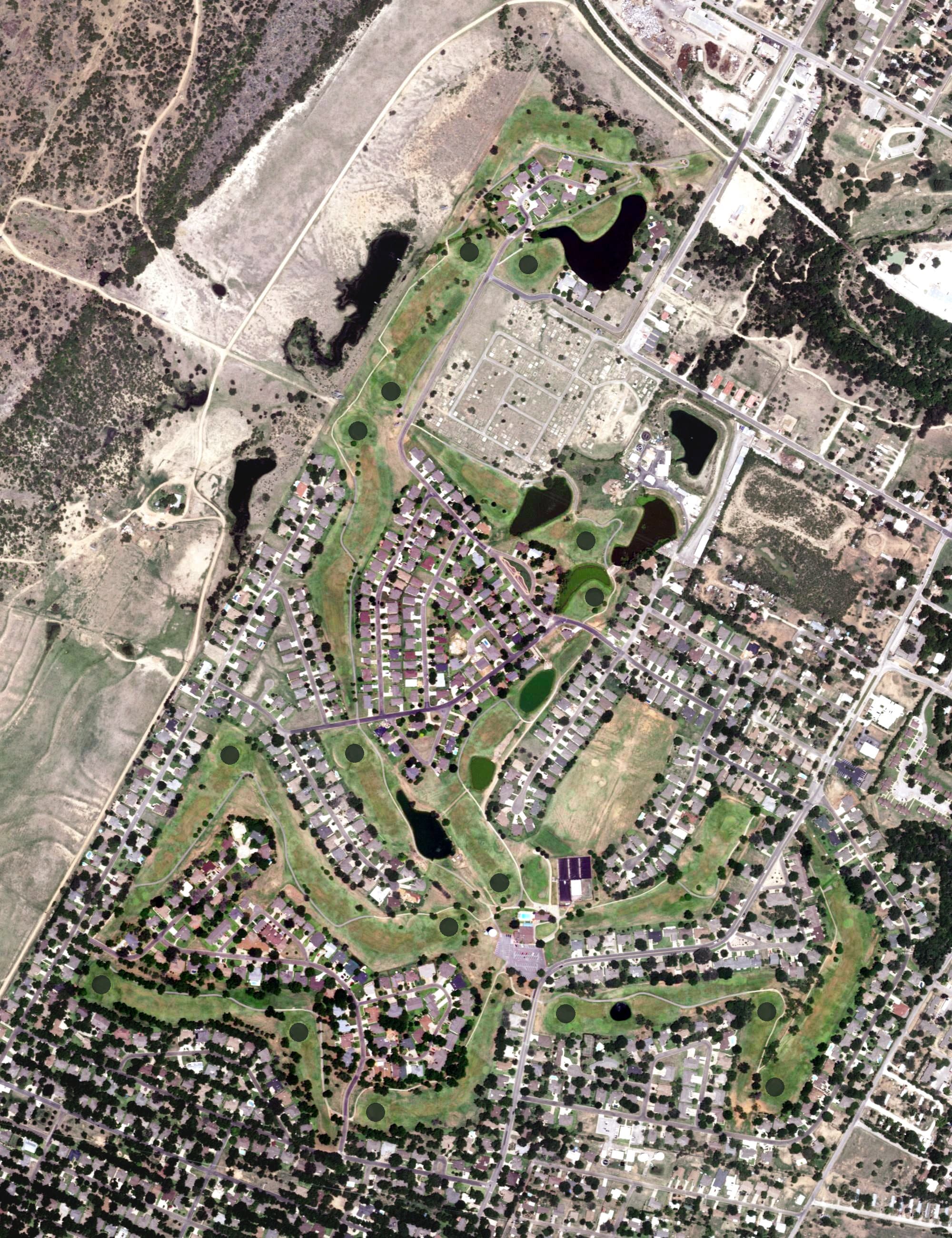 Aerial view of Hidden Falls Golf Course, TX, with its hole routing marked