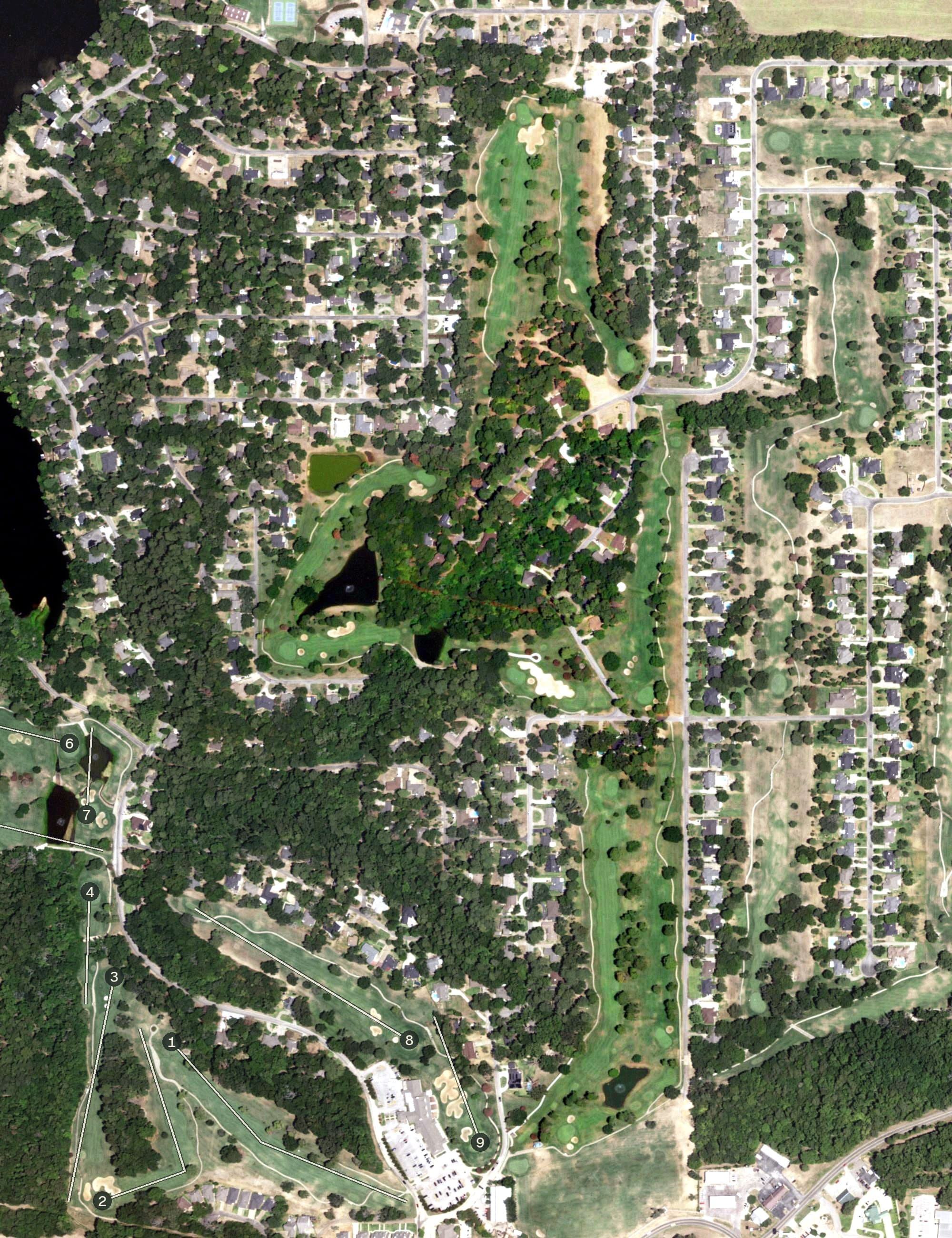 Aerial view of Hideaway Central, TX, with its hole routing marked