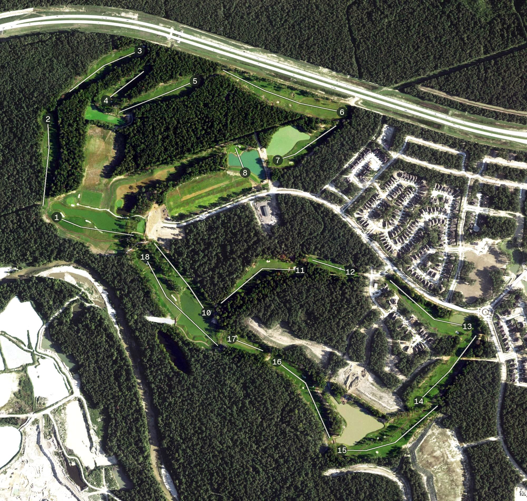 Aerial view of Highland Pines Golf Club, TX, with its hole routing marked