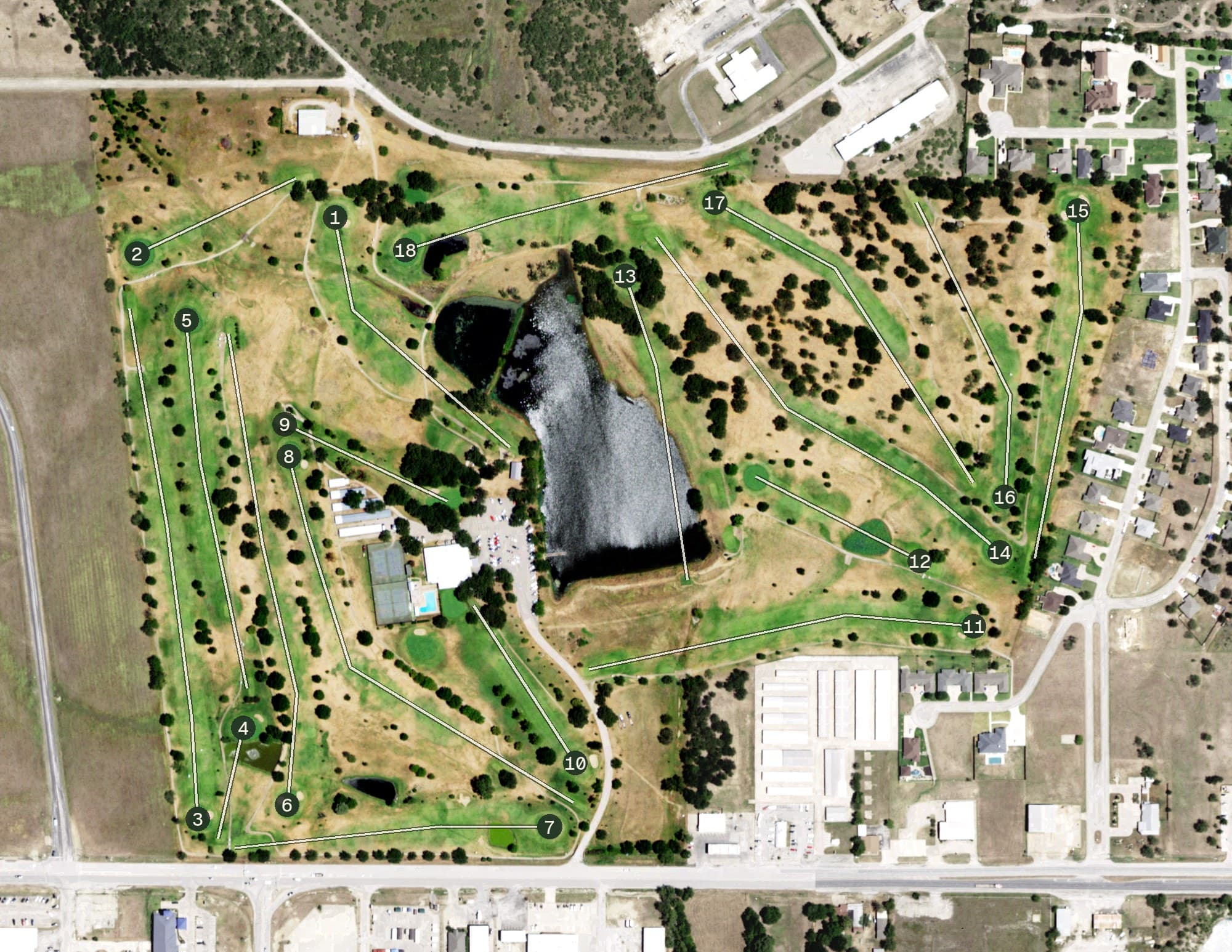 Aerial view of Holiday Hills Country Club, TX, with its hole routing marked