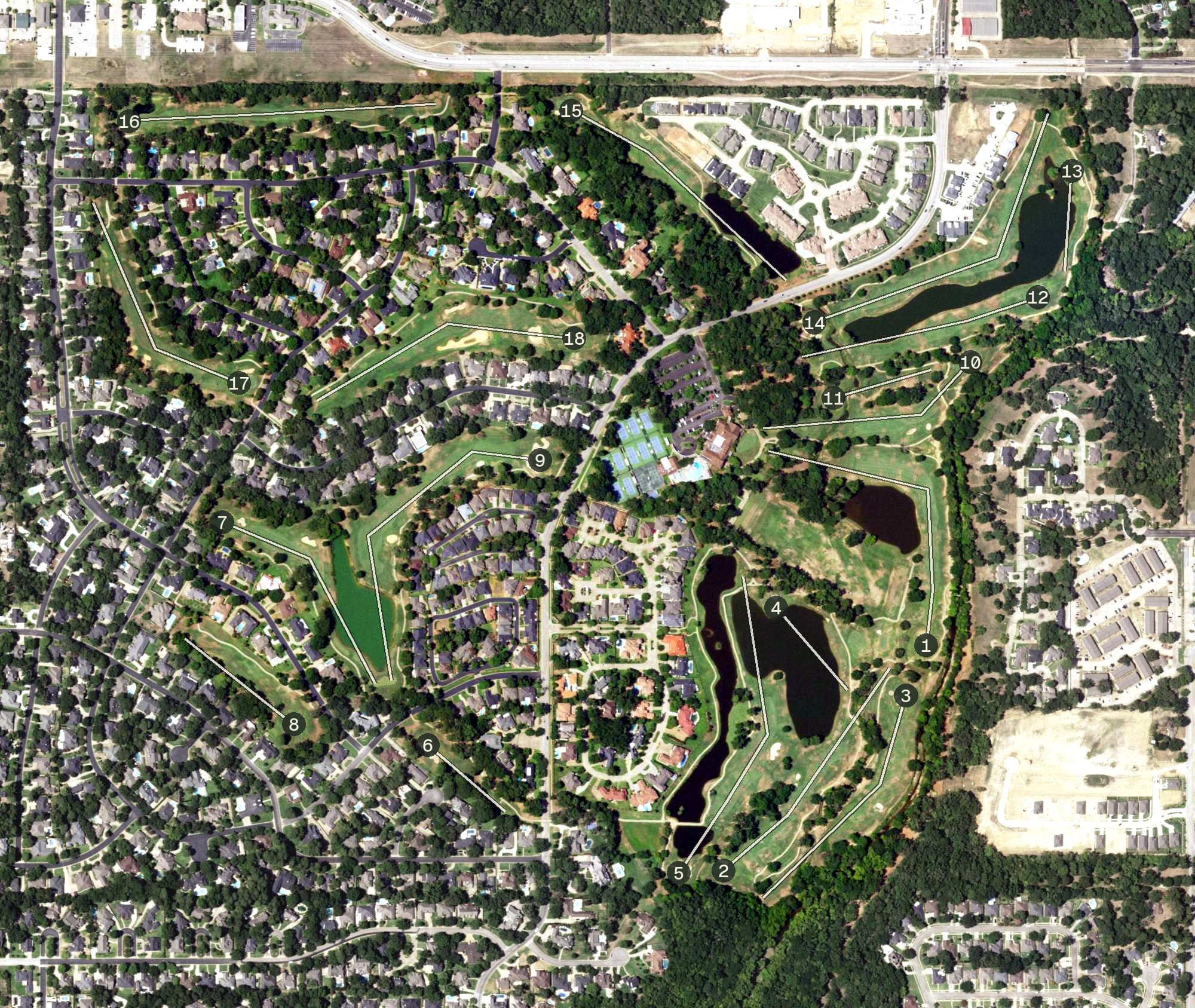 Aerial view of Hollytree Country Club, TX, with its hole routing marked