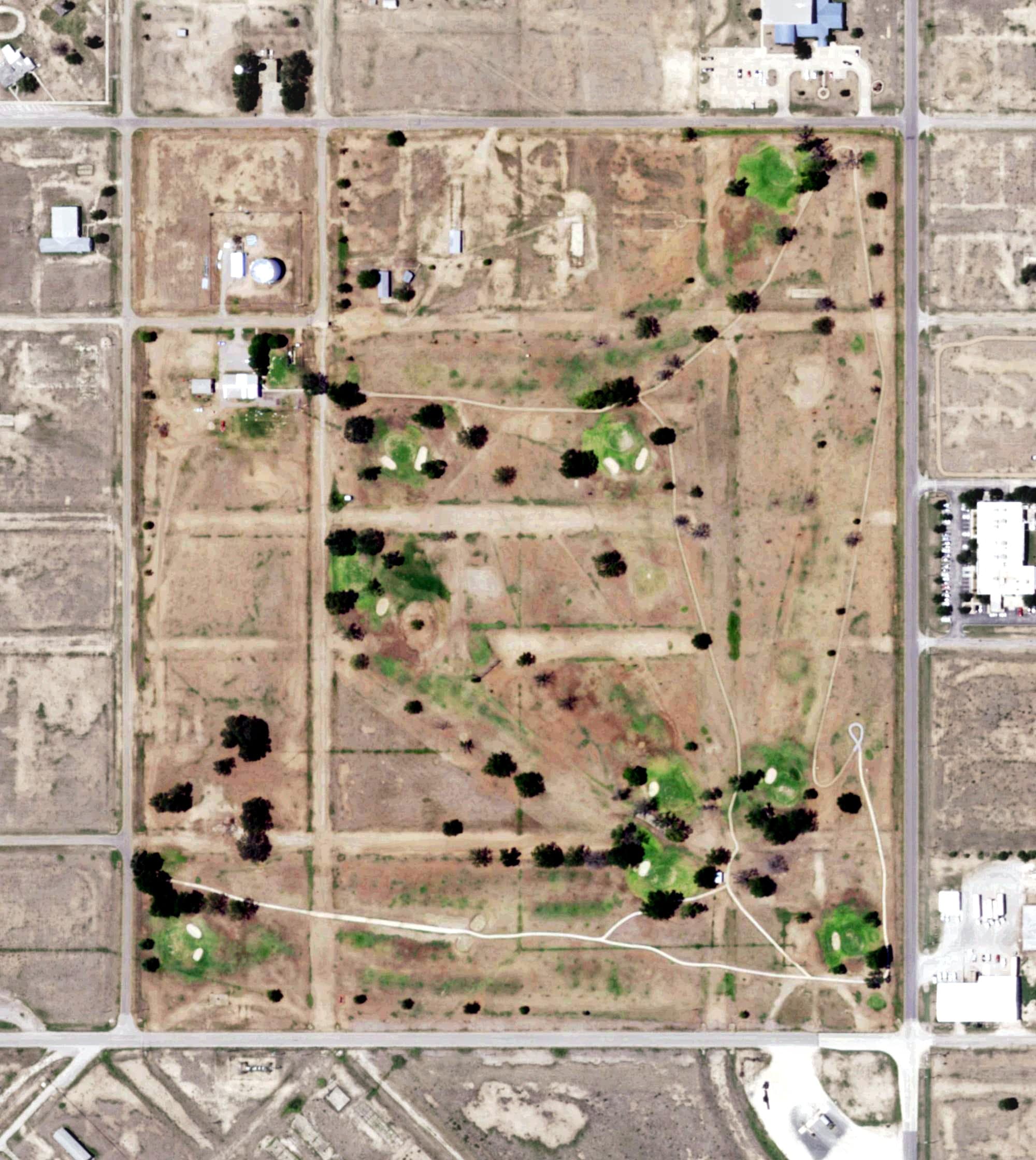 Aerial view of Hondo Golf Course, TX, with its hole routing marked