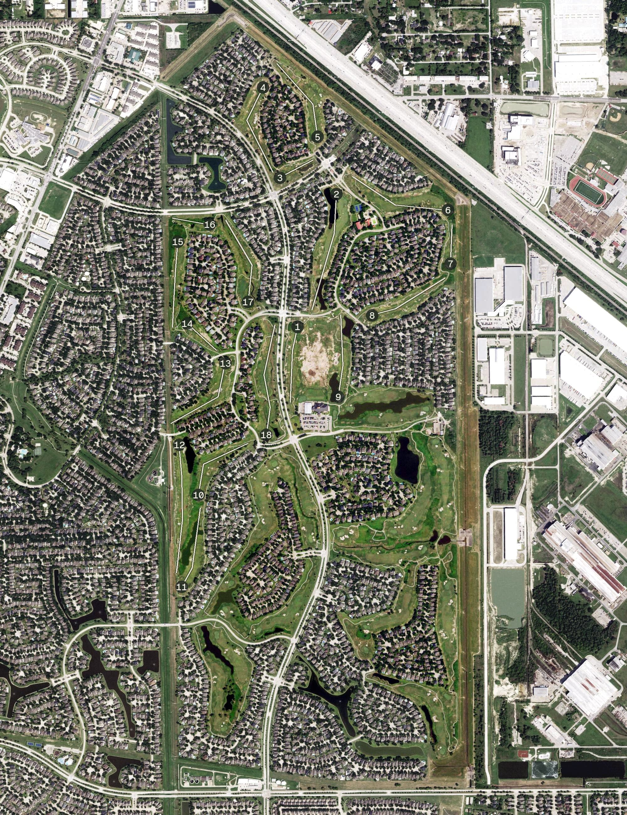Aerial view of Houston National Golf Club, TX, with its hole routing marked