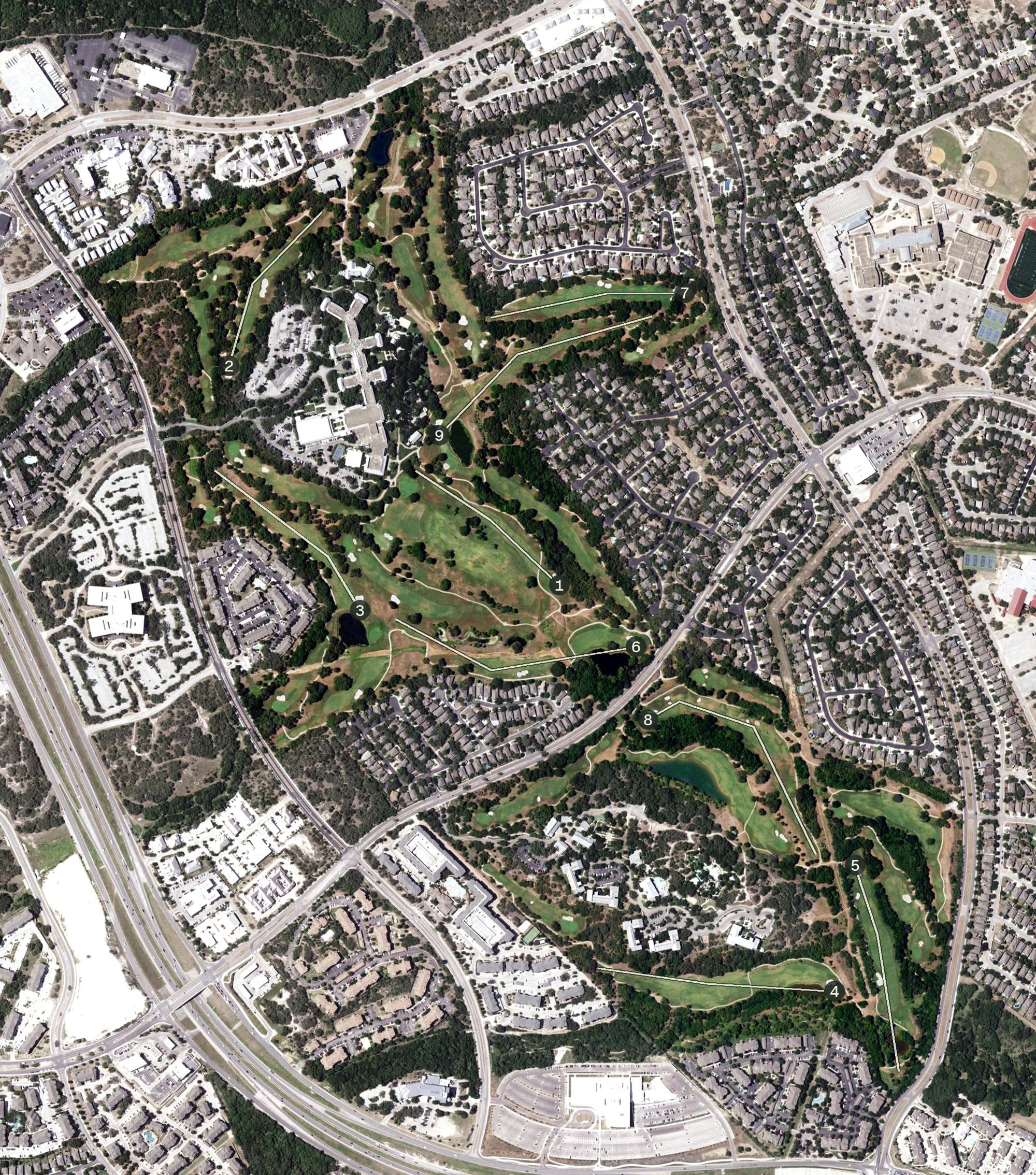 Aerial view of Hyatt Hill Country Golf Club, TX, with its hole routing marked