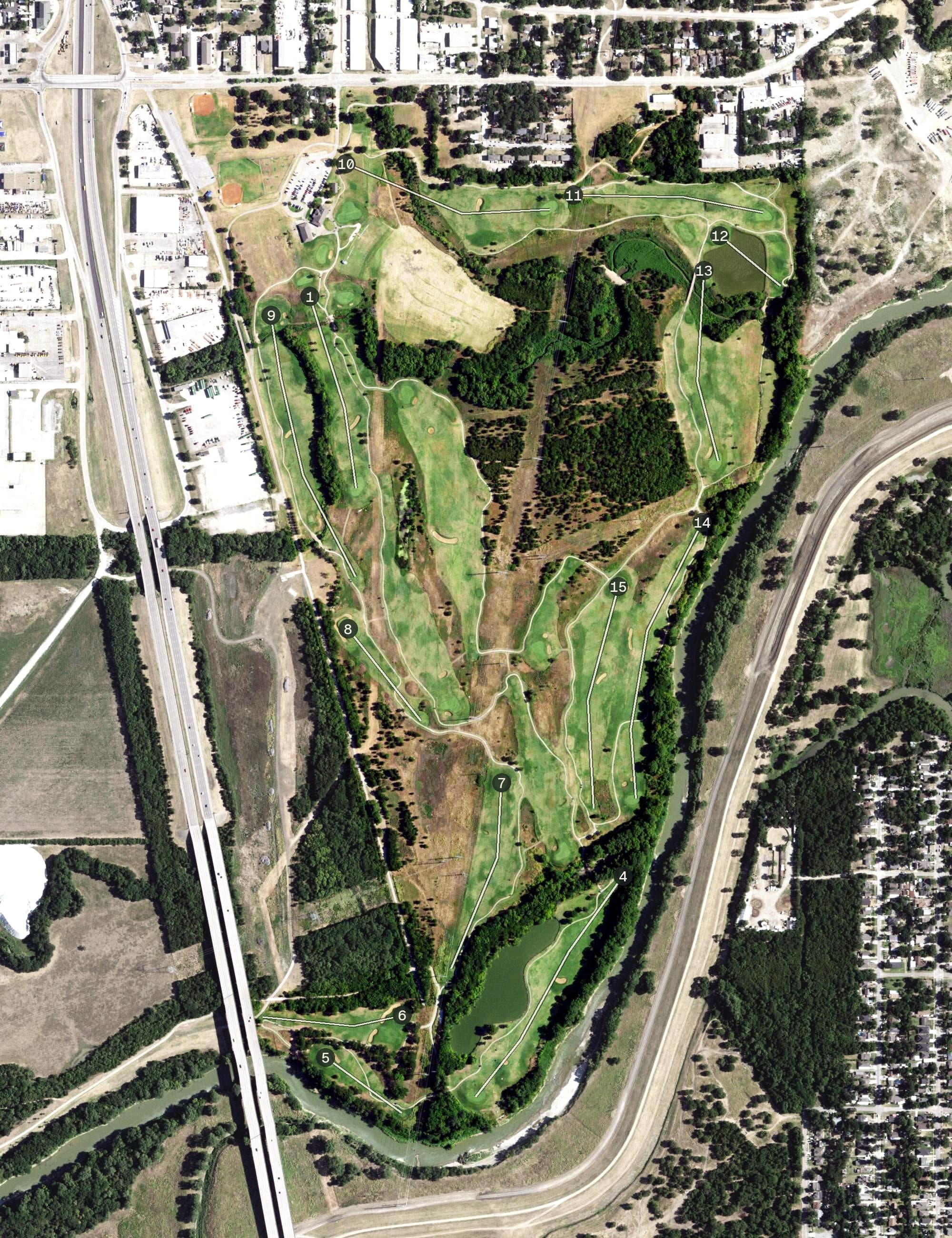 Aerial view of Irving Golf Club, TX, with its hole routing marked