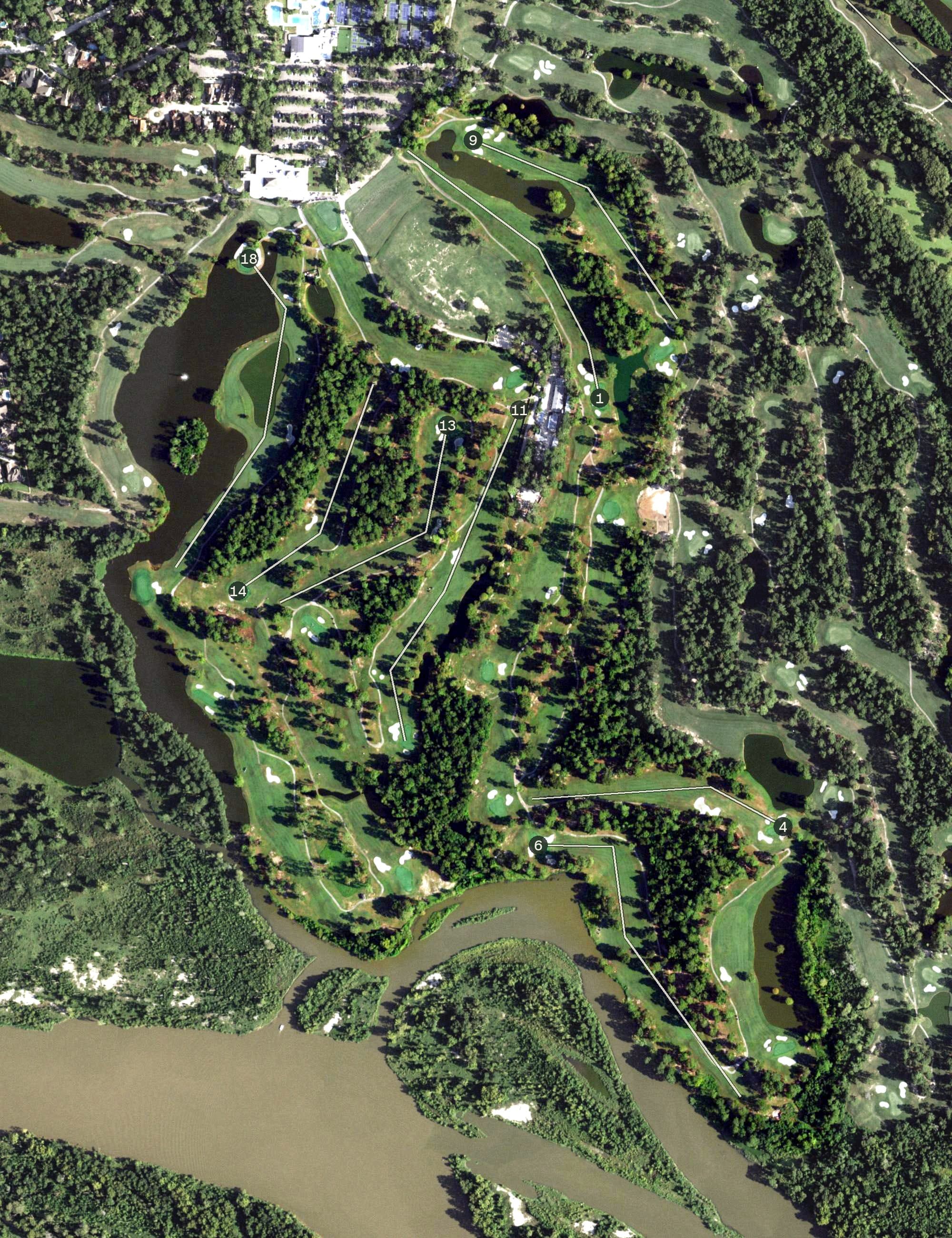Aerial view of Island Golf Course, TX, with its hole routing marked