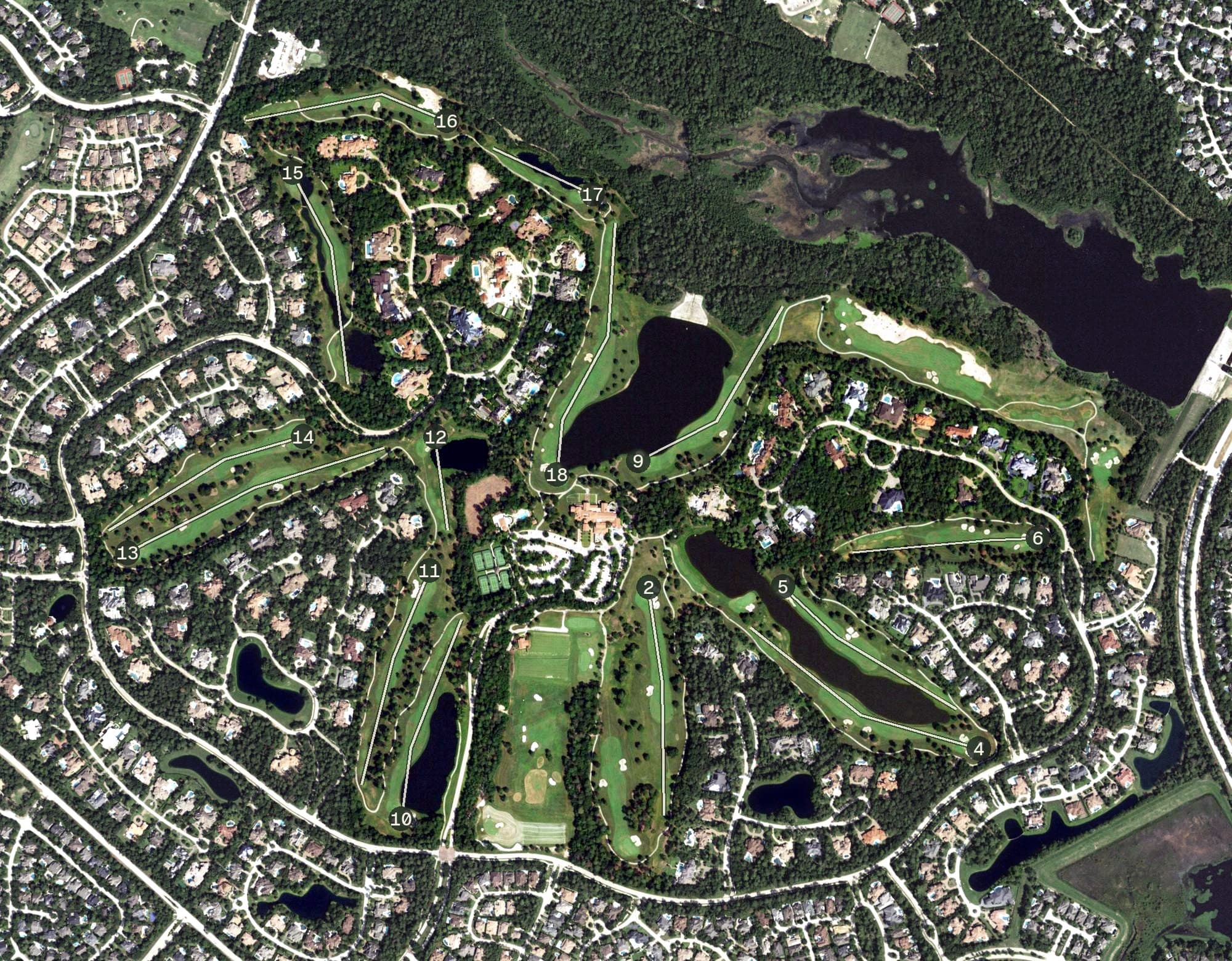 Aerial view of Jack Nicklaus Signature Golf Course at Carlton Woods, TX, with its hole routing marked