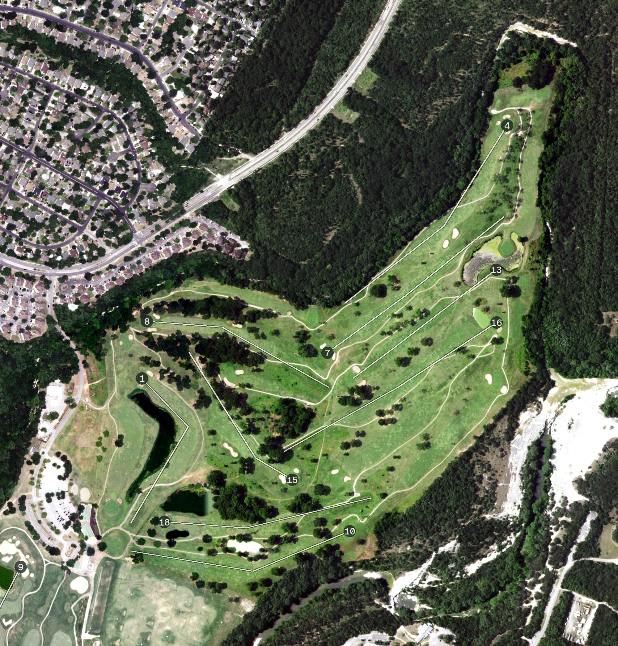 Aerial view of Jimmy Clay Golf Course, TX, with its hole routing marked