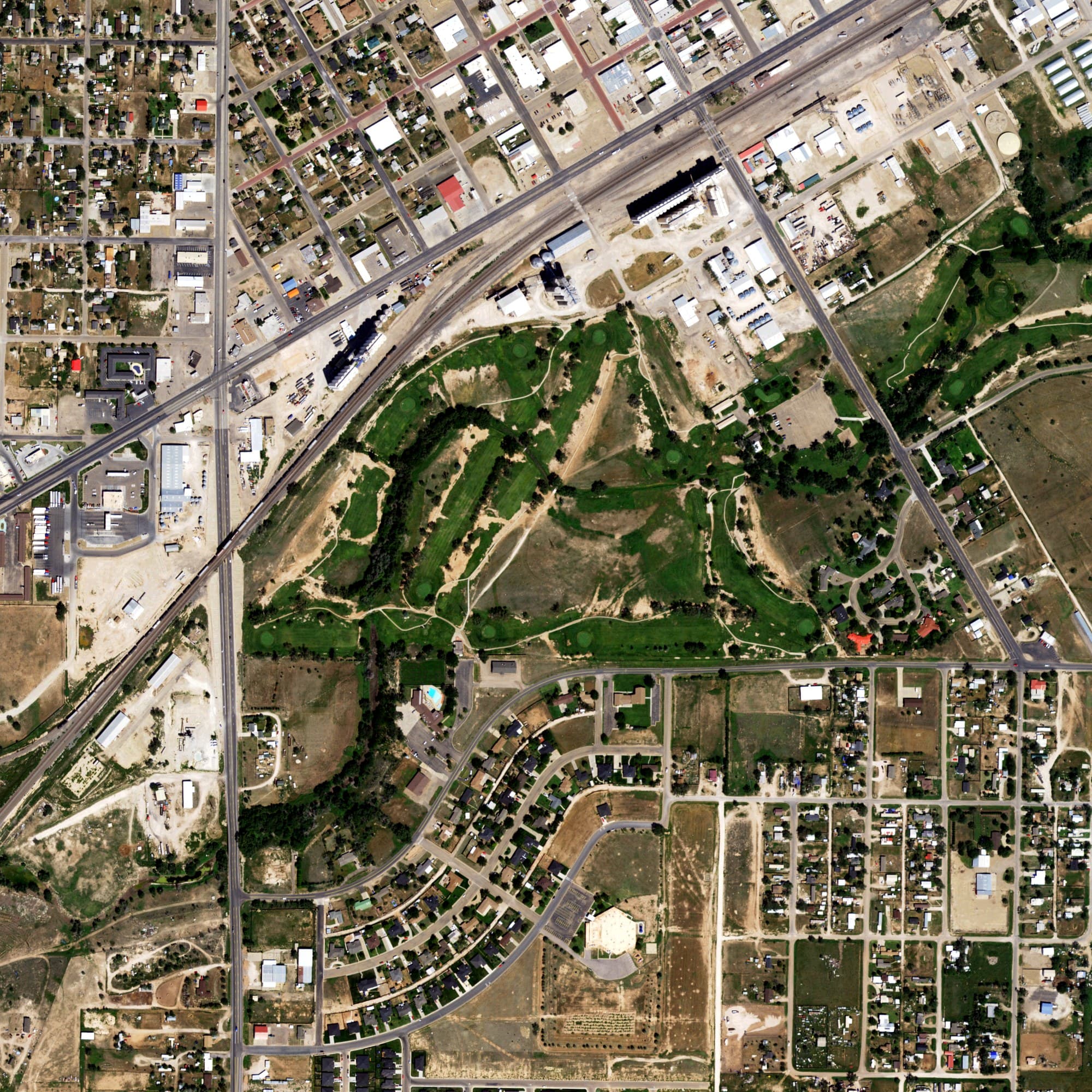 Aerial view of John Pitman Golf Club, TX, with its hole routing marked