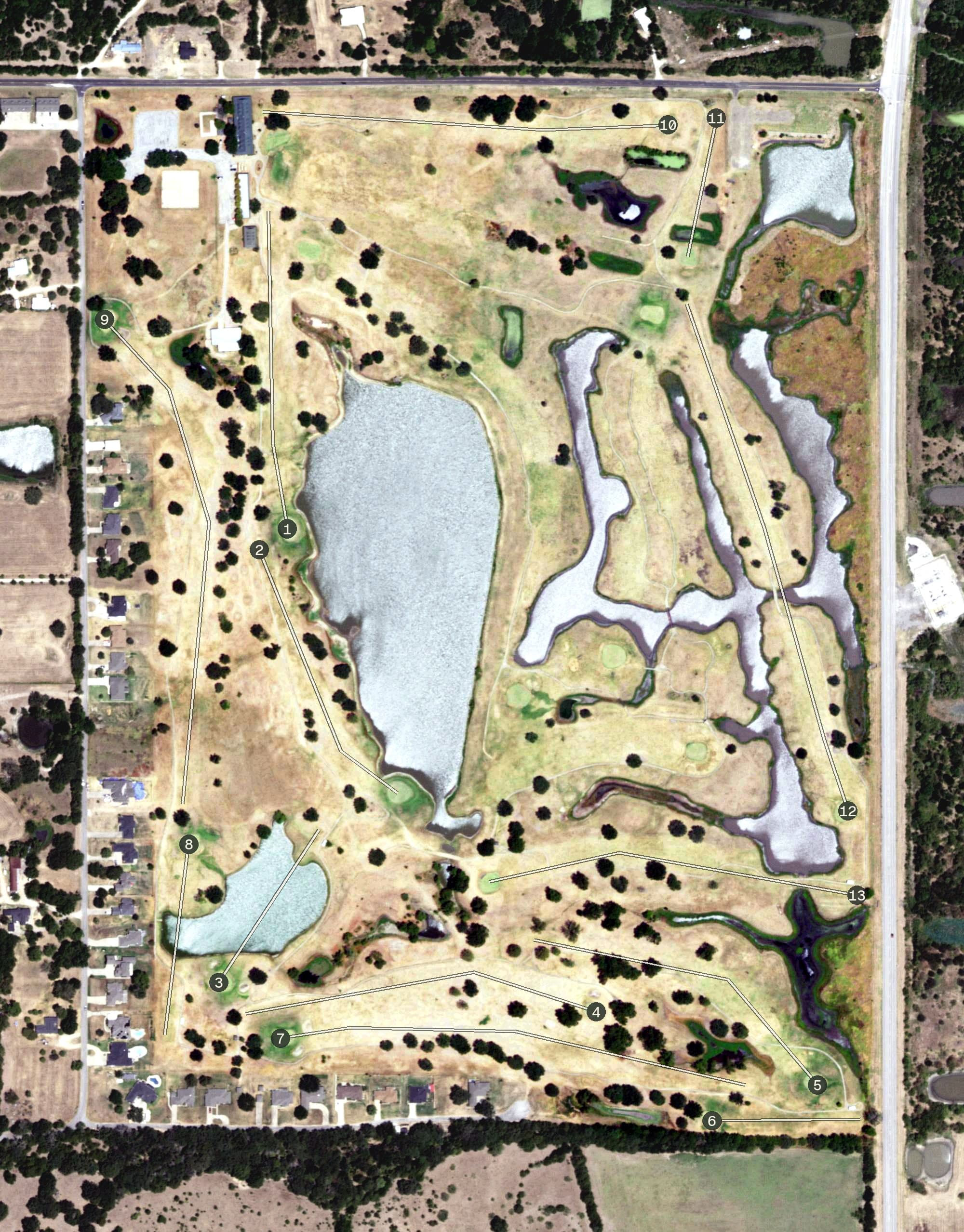 Aerial view of King's Creek Country Club, TX, with its hole routing marked