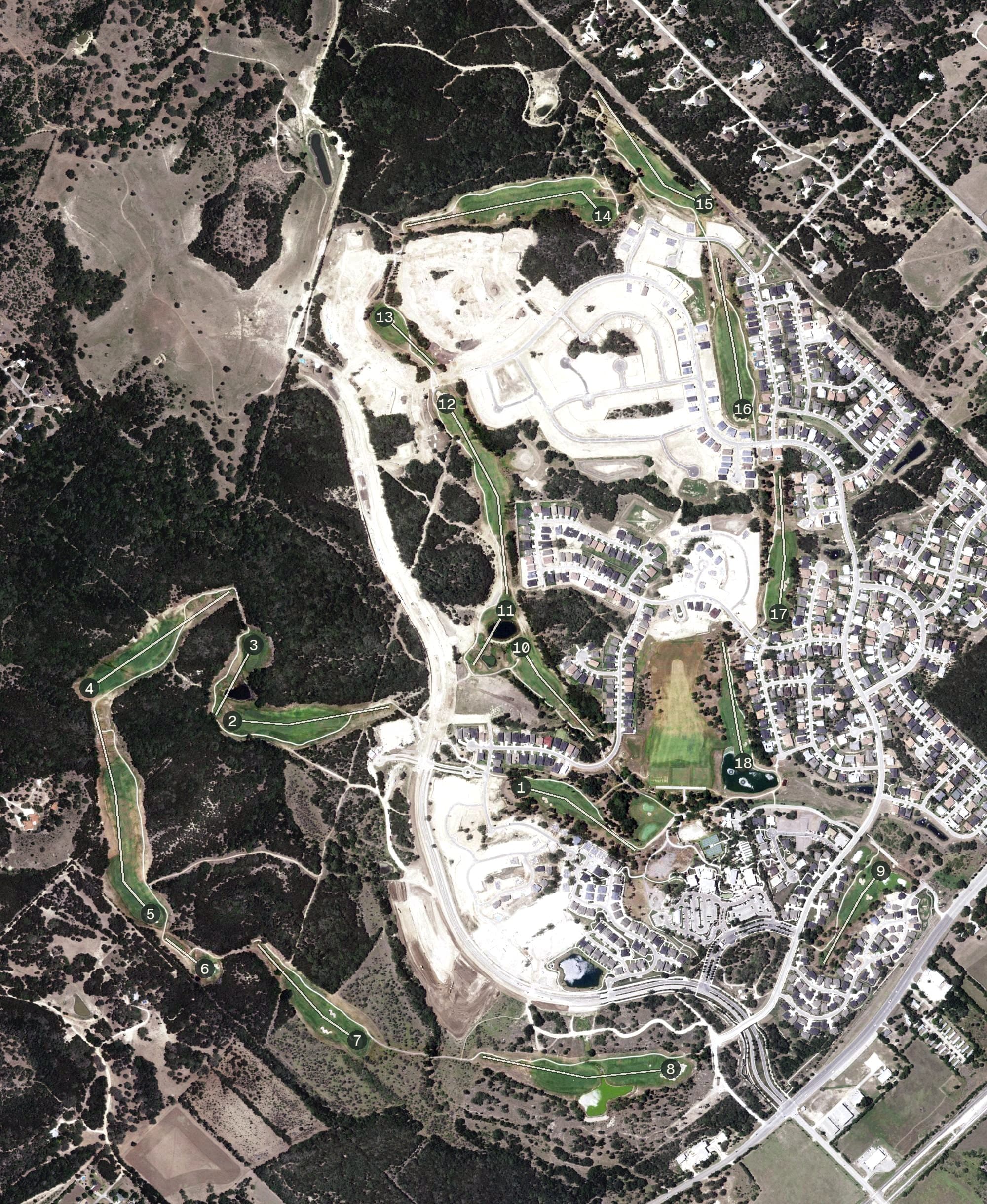 Aerial view of Kissing Tree Golf Club, TX, with its hole routing marked