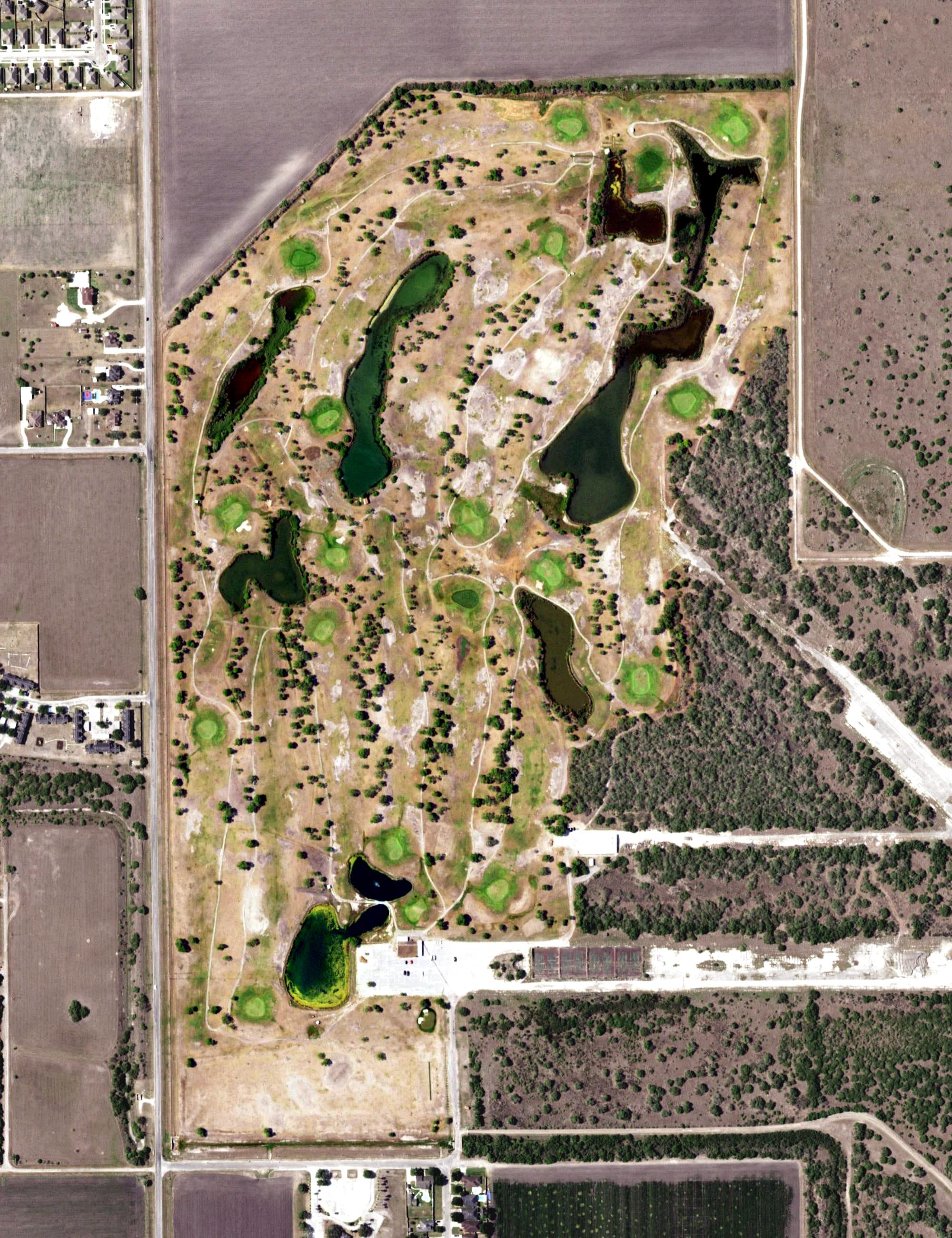 Aerial view of L.E. Ramey Golf Course, TX, with its hole routing marked