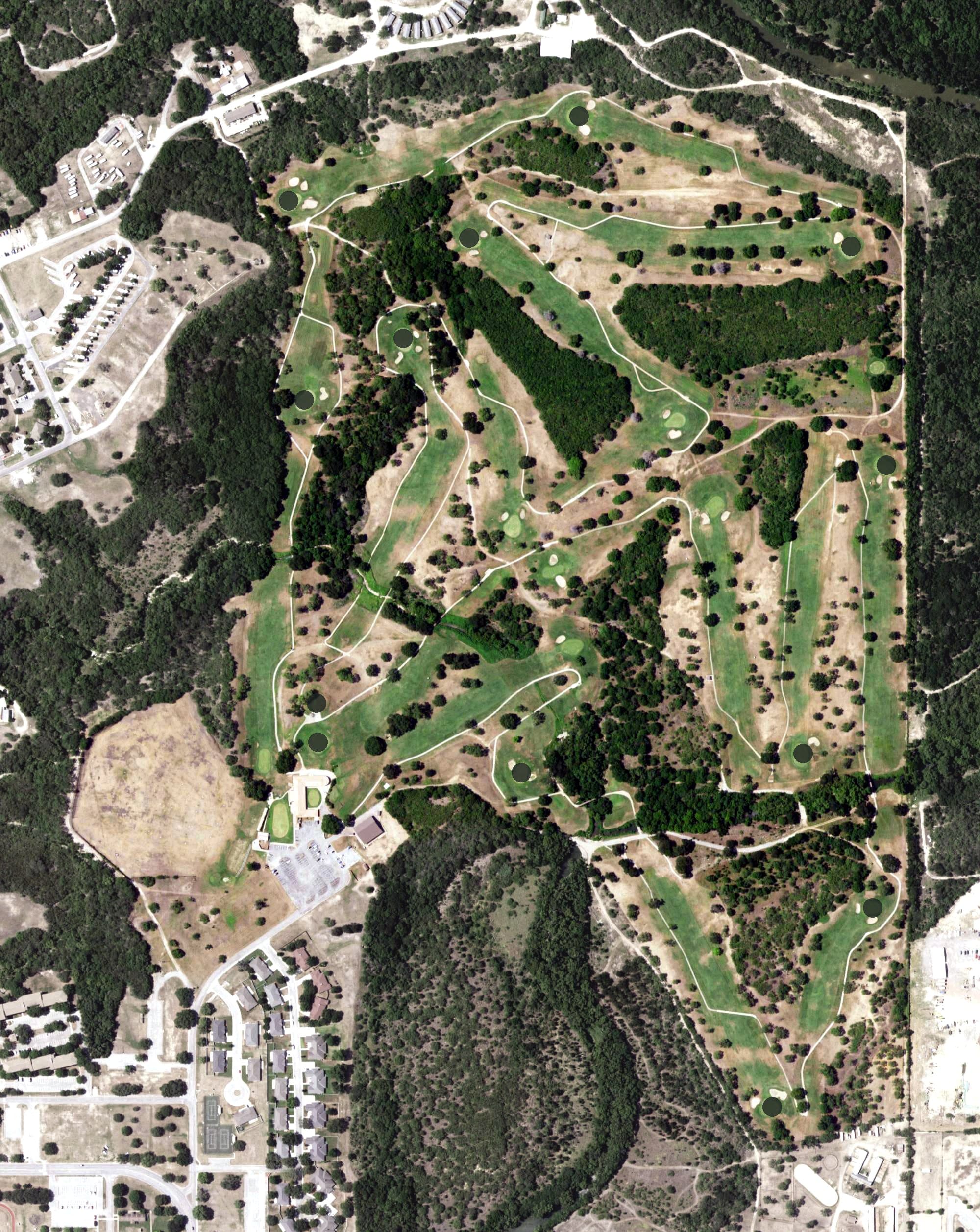 Aerial view of Lackland Golf Course, TX, with its hole routing marked
