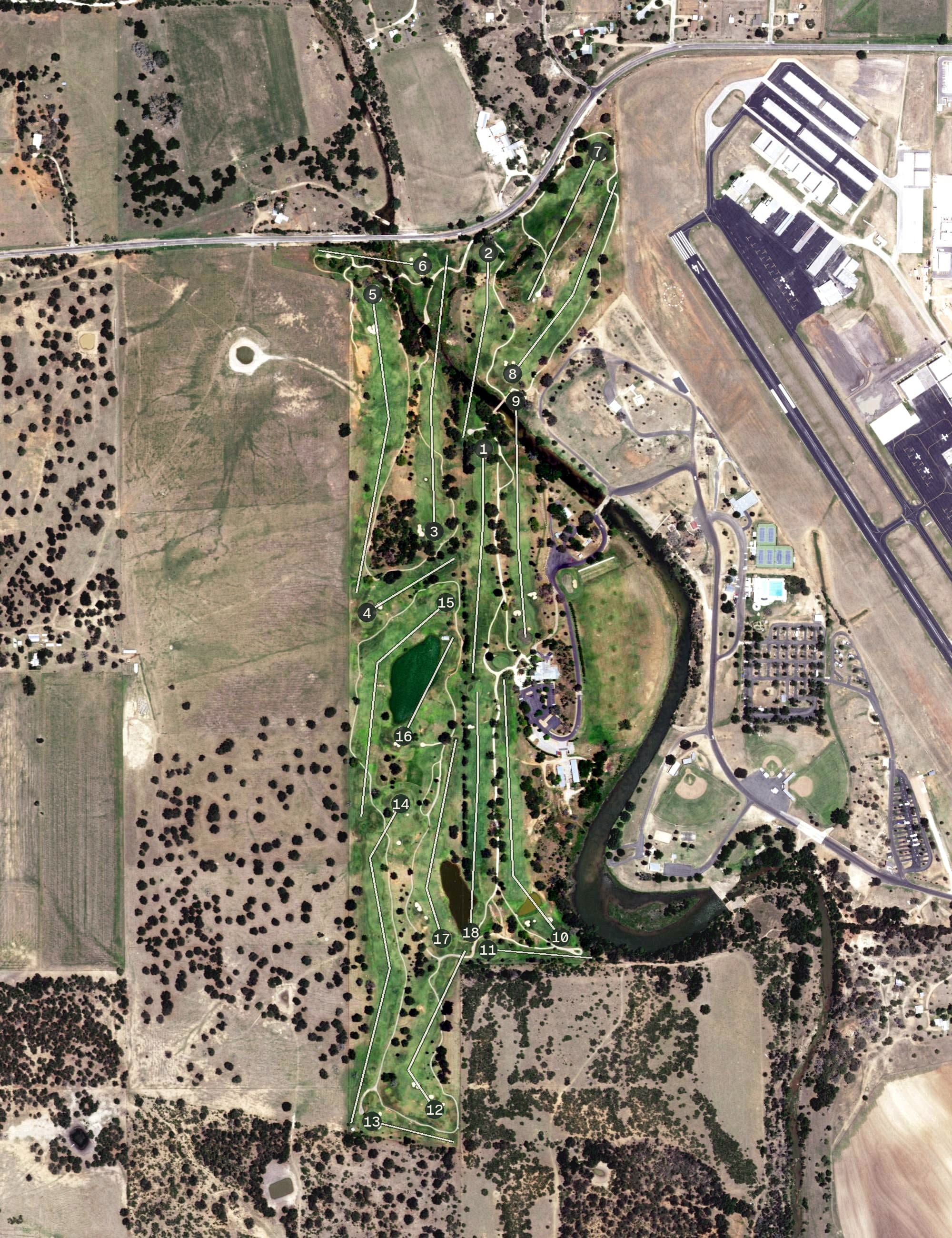 Aerial view of Lady Bird Johnson Municipal Golf Course, TX, with its hole routing marked