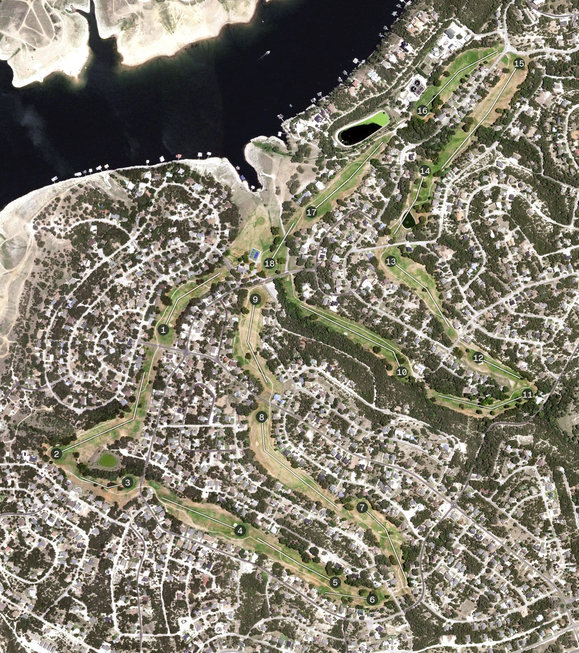 Aerial view of Lago Vista Golf Course, TX, with its hole routing marked