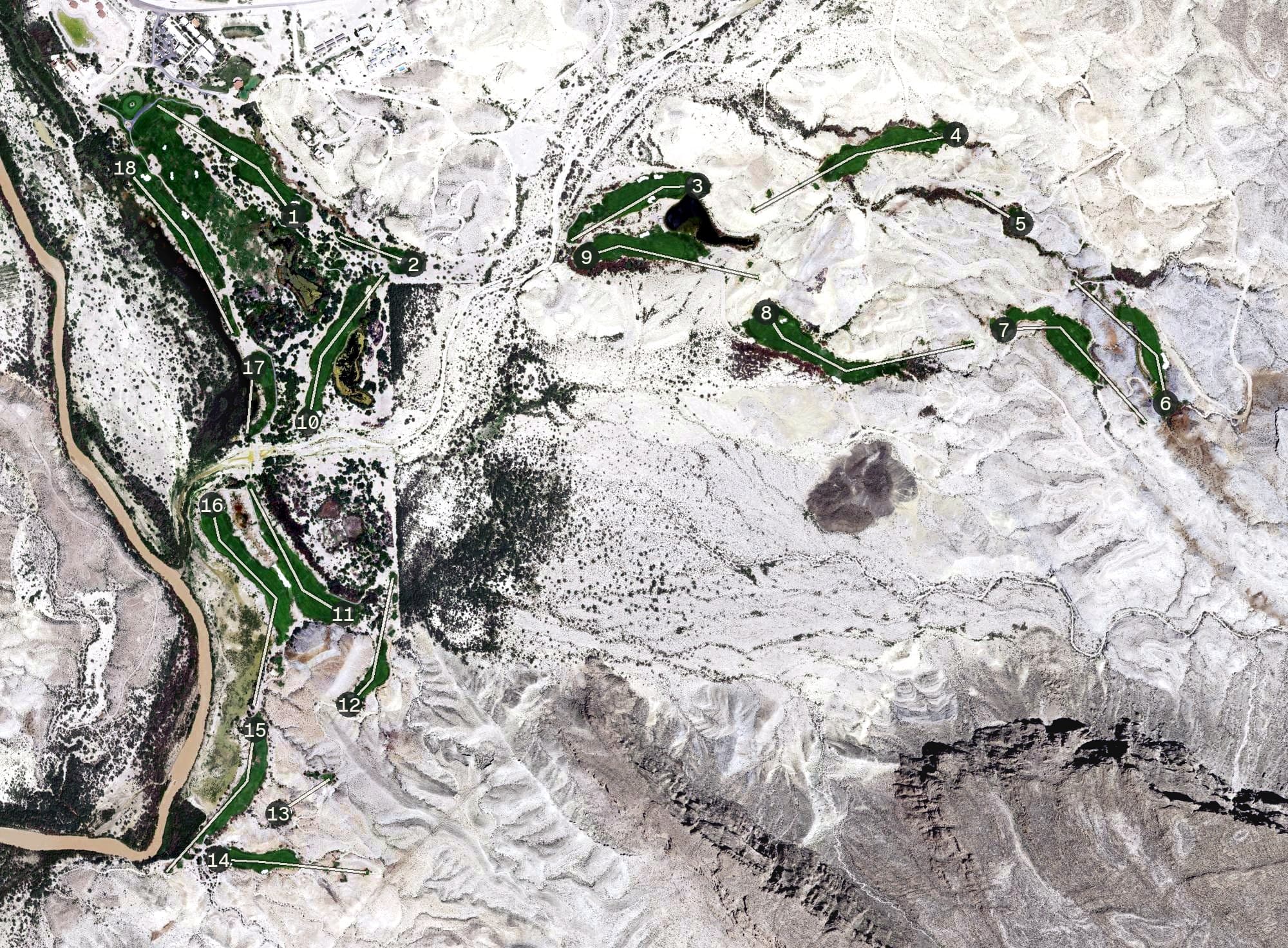 Aerial view of Lajitas Golf and Resort, TX, with its hole routing marked